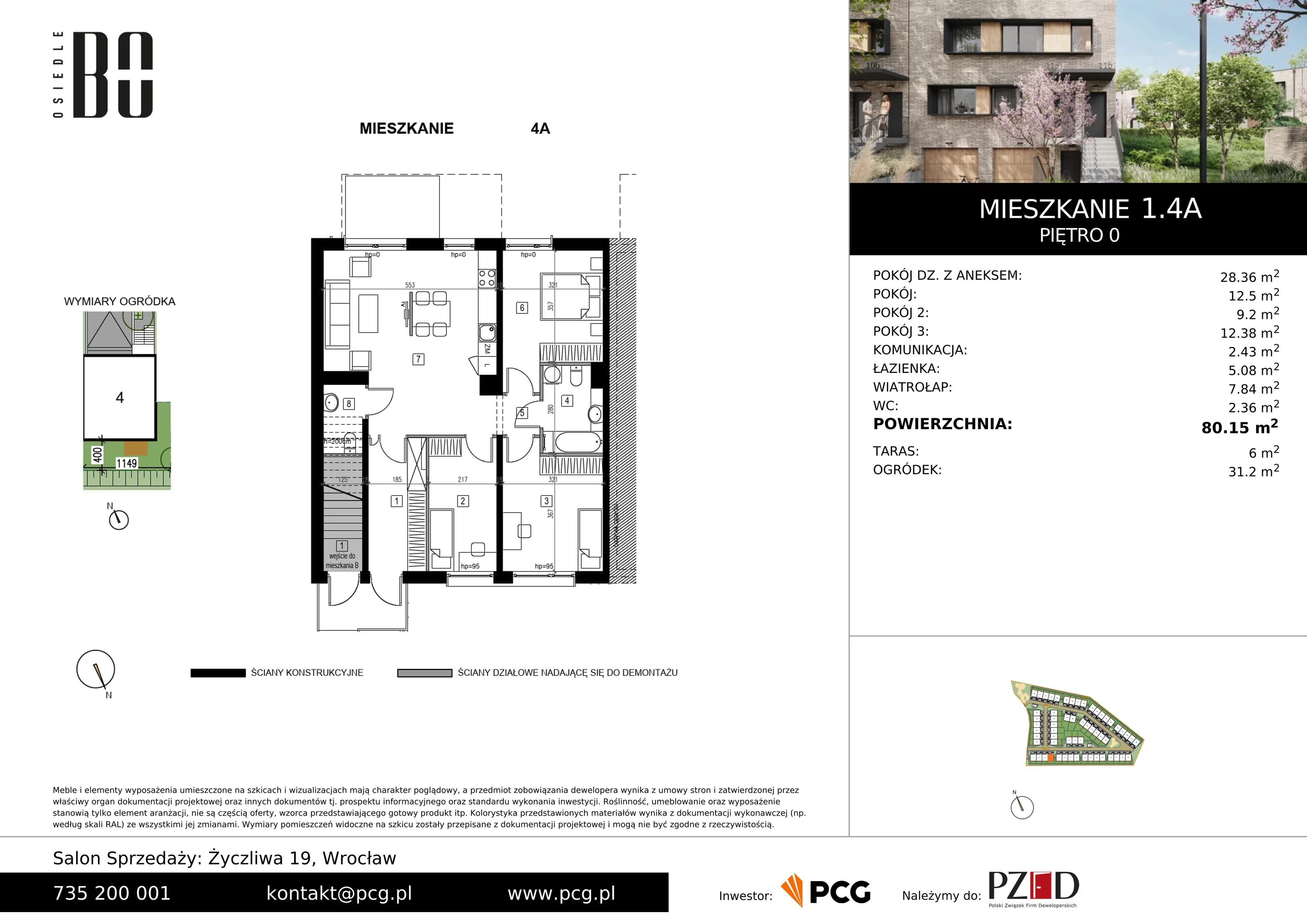 Apartament 80,15 m², parter, oferta nr 1.4A, Osiedle BO, Wrocław, Kowale, ul. Bociana