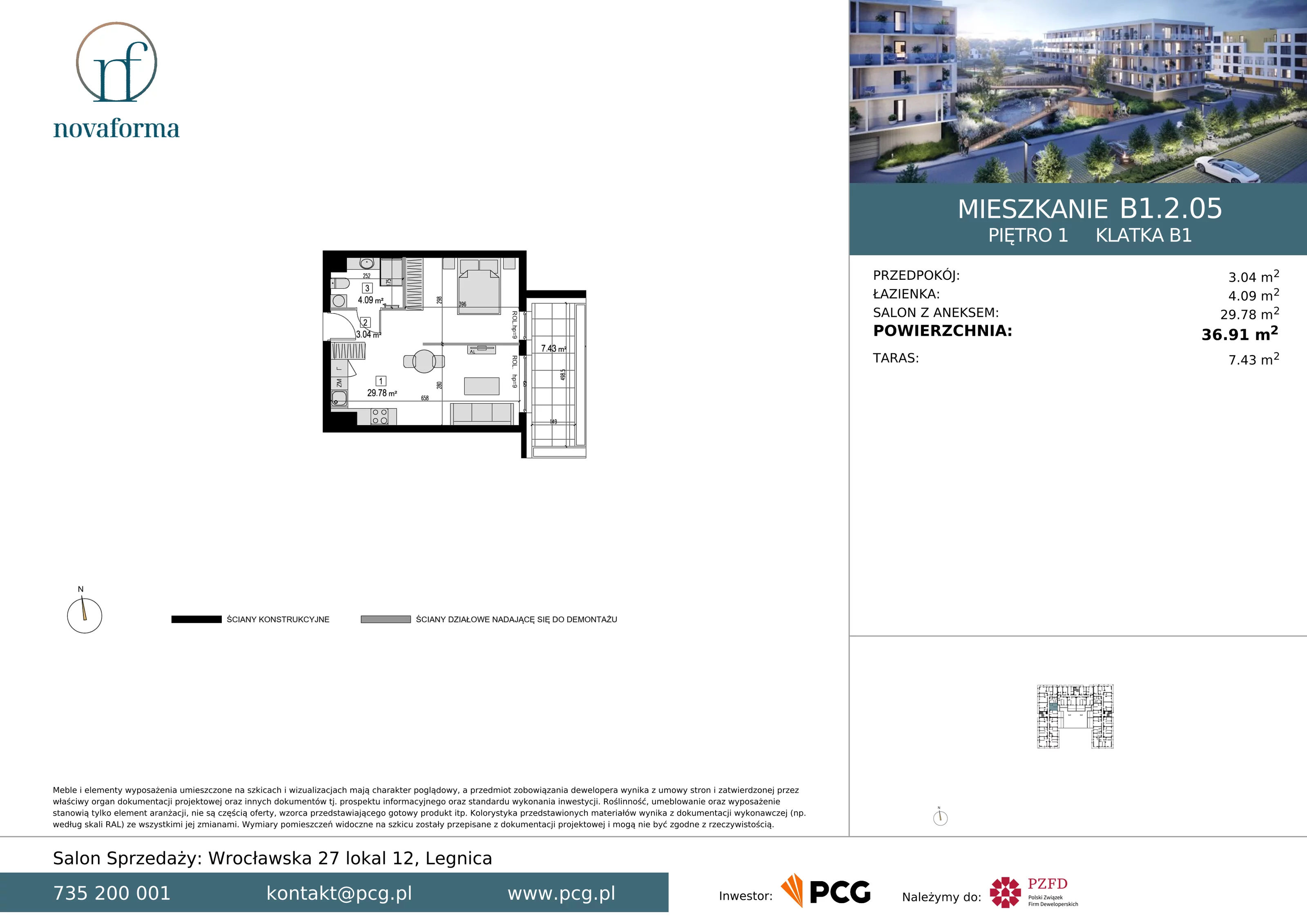 Mieszkanie 36,91 m², piętro 1, oferta nr B/1/2/05, Novaforma II, Legnica, ul. Chojnowska