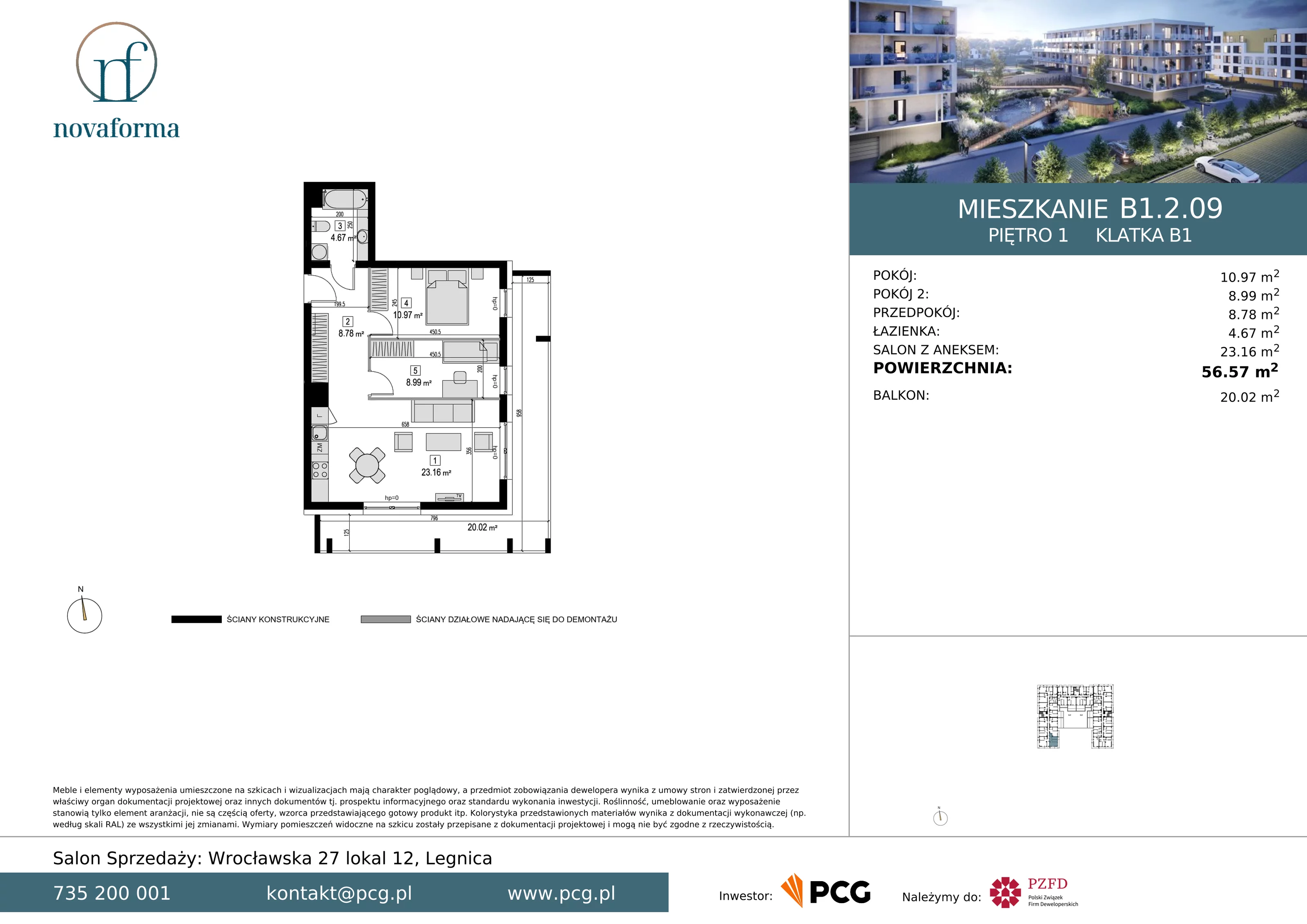 3 pokoje, mieszkanie 56,57 m², piętro 1, oferta nr B/1/2/09, Novaforma II, Legnica, ul. Chojnowska