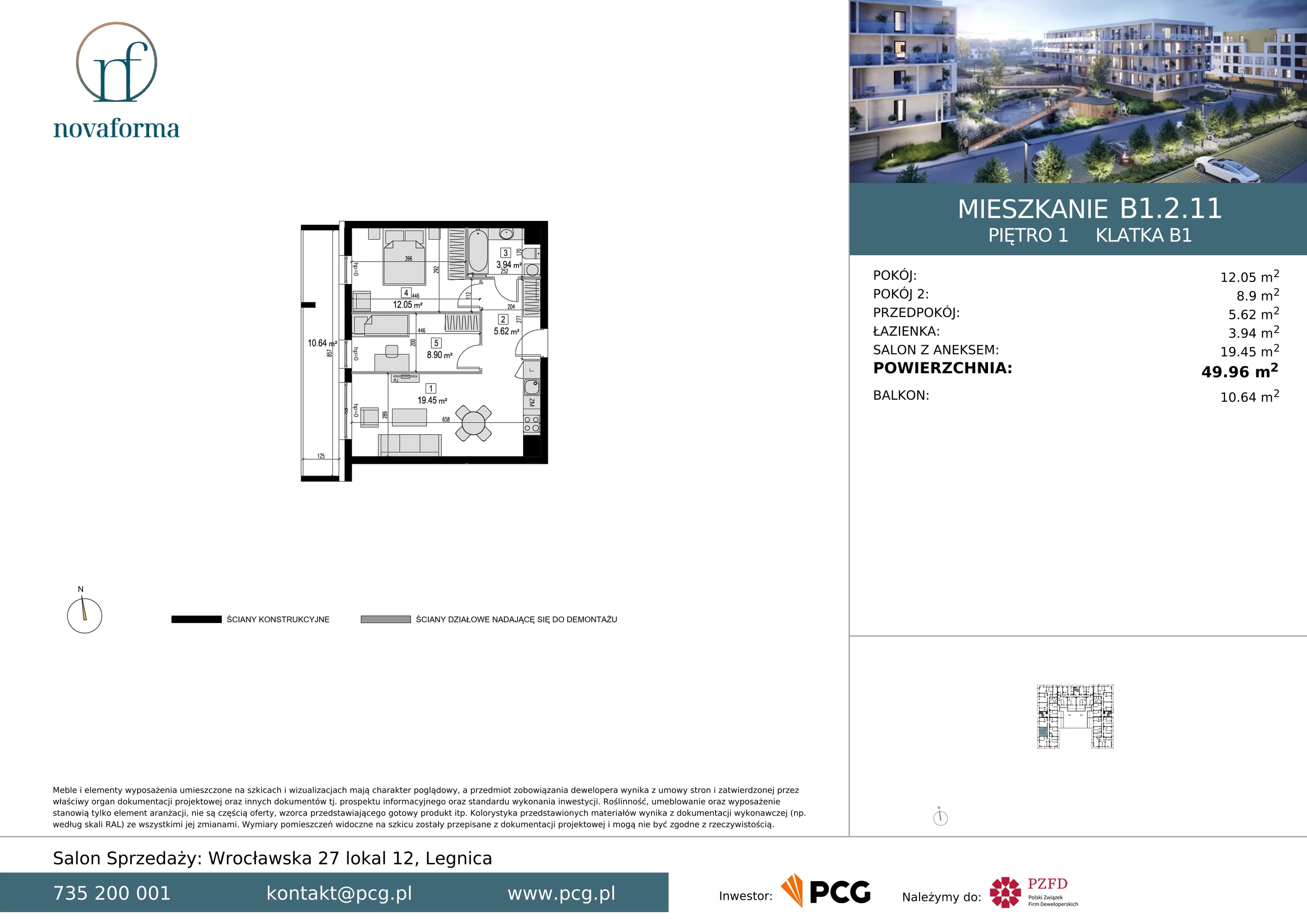 3 pokoje, mieszkanie 49,96 m², piętro 1, oferta nr B/1/2/11, Novaforma II, Legnica, ul. Chojnowska