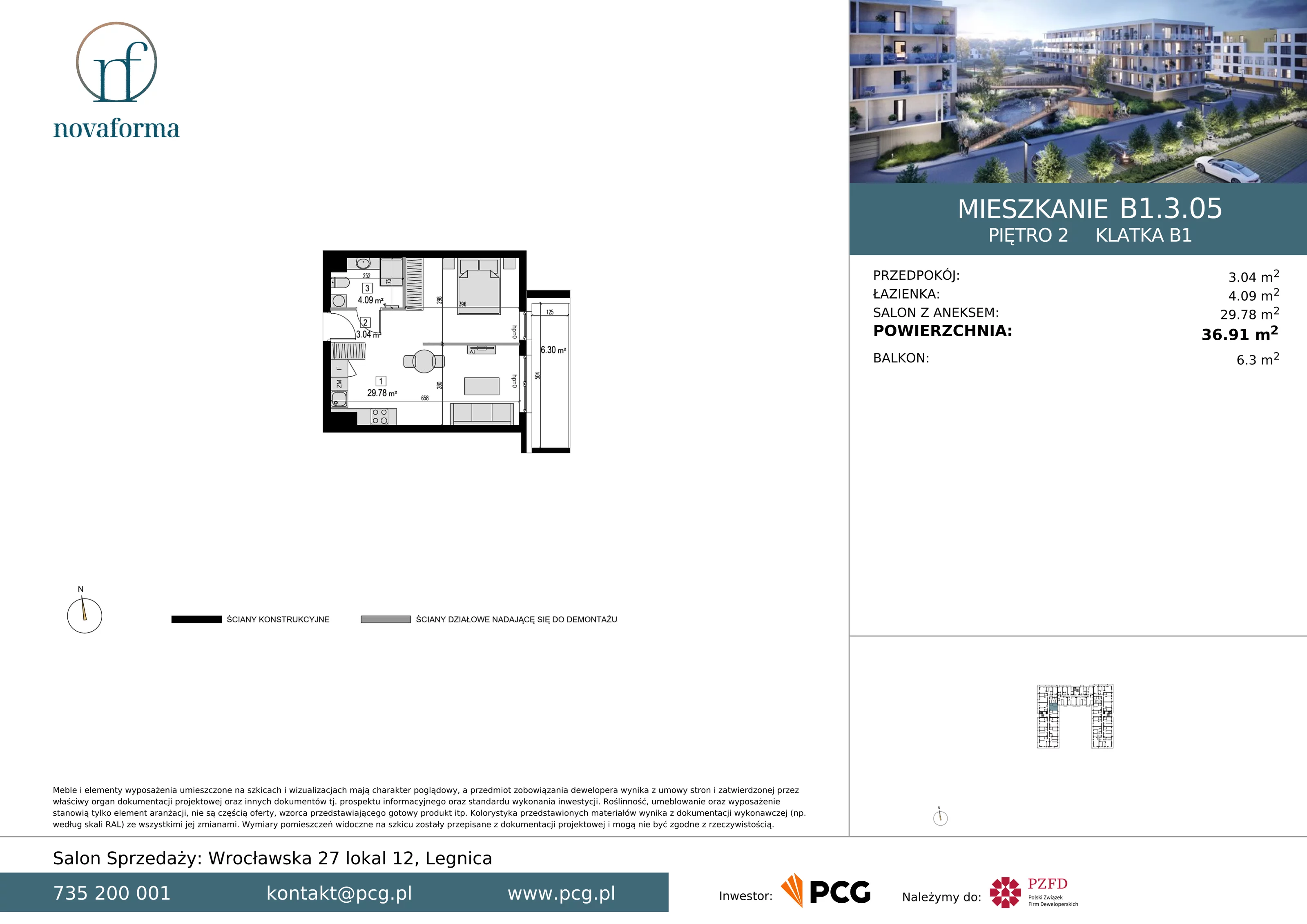 Mieszkanie 36,91 m², piętro 2, oferta nr B/1/3/05, Novaforma II, Legnica, ul. Chojnowska