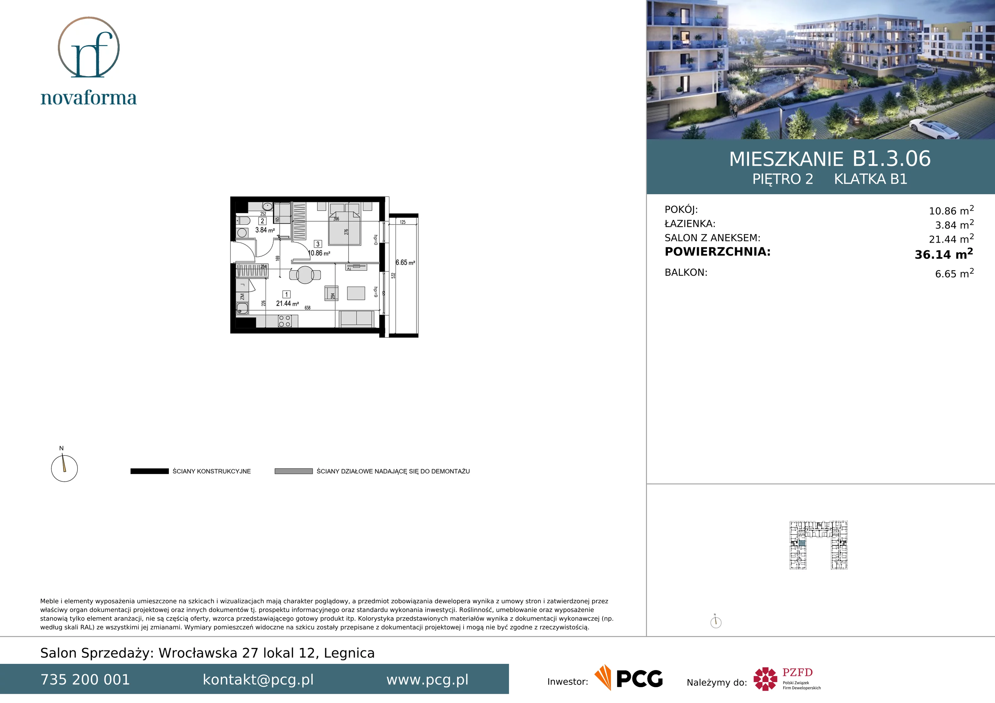 Mieszkanie 36,14 m², piętro 2, oferta nr B/1/3/06, Novaforma II, Legnica, ul. Chojnowska