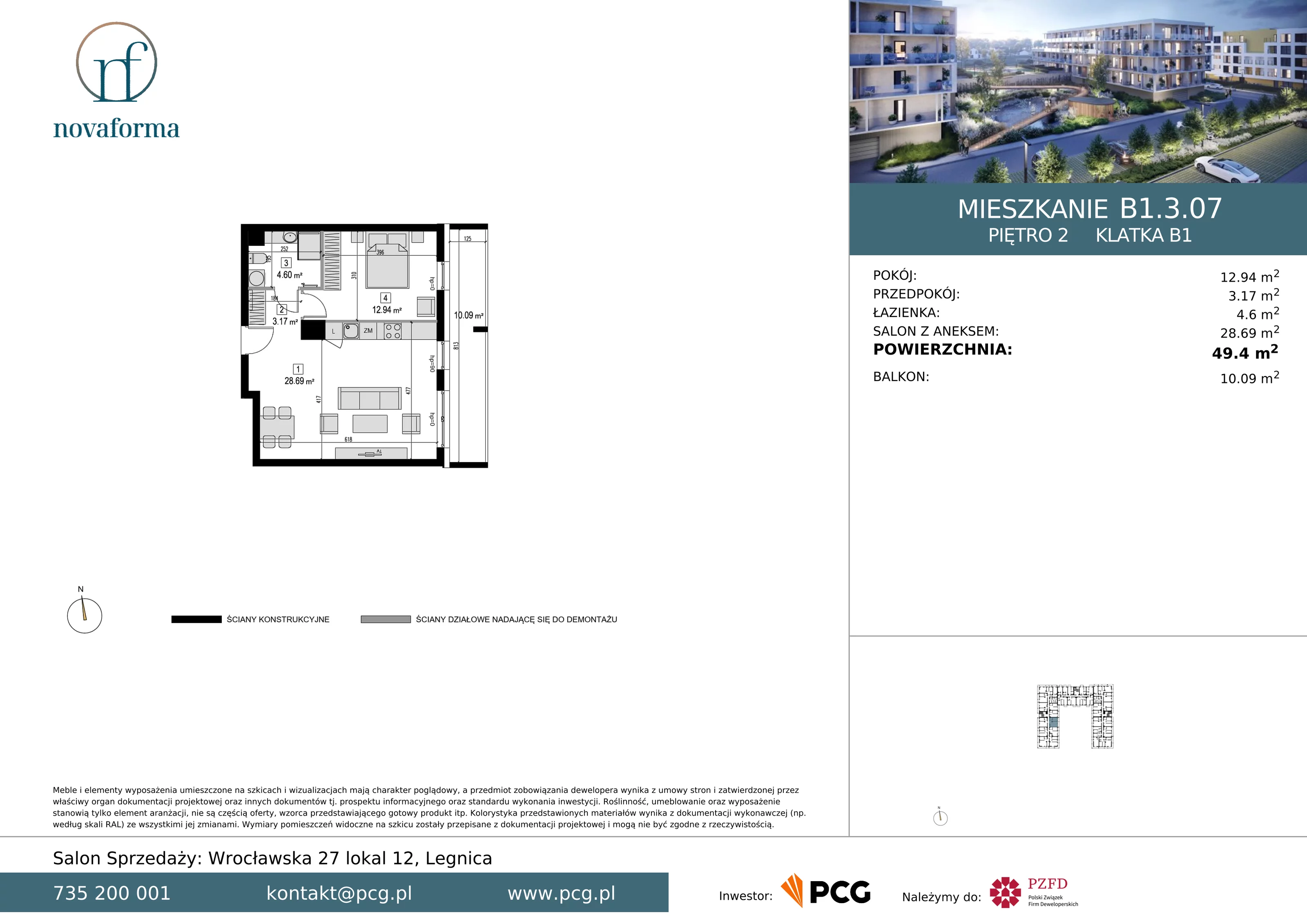 Mieszkanie 49,40 m², piętro 2, oferta nr B/1/3/07, Novaforma II, Legnica, ul. Chojnowska