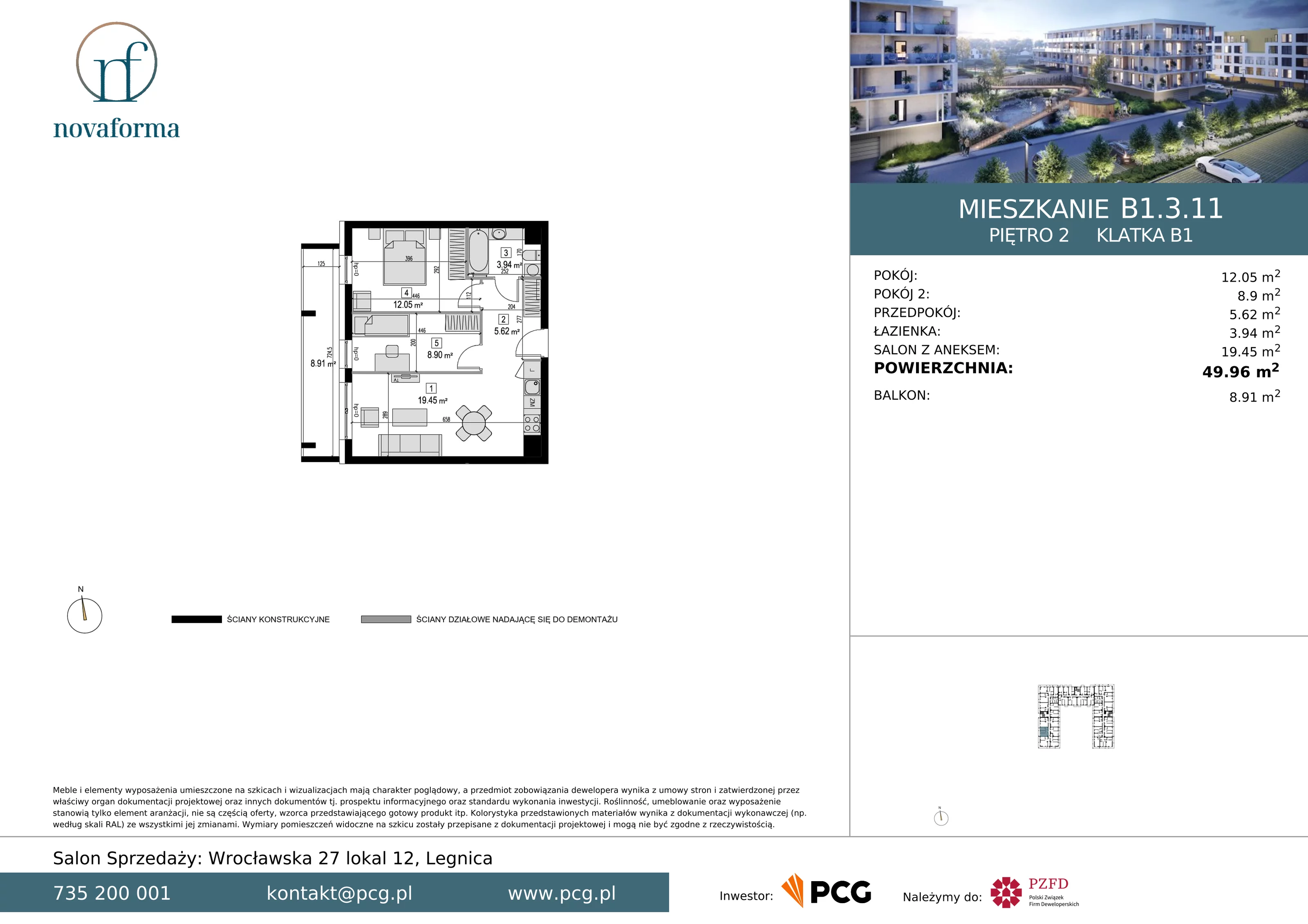 3 pokoje, mieszkanie 49,96 m², piętro 2, oferta nr B/1/3/11, Novaforma II, Legnica, ul. Chojnowska