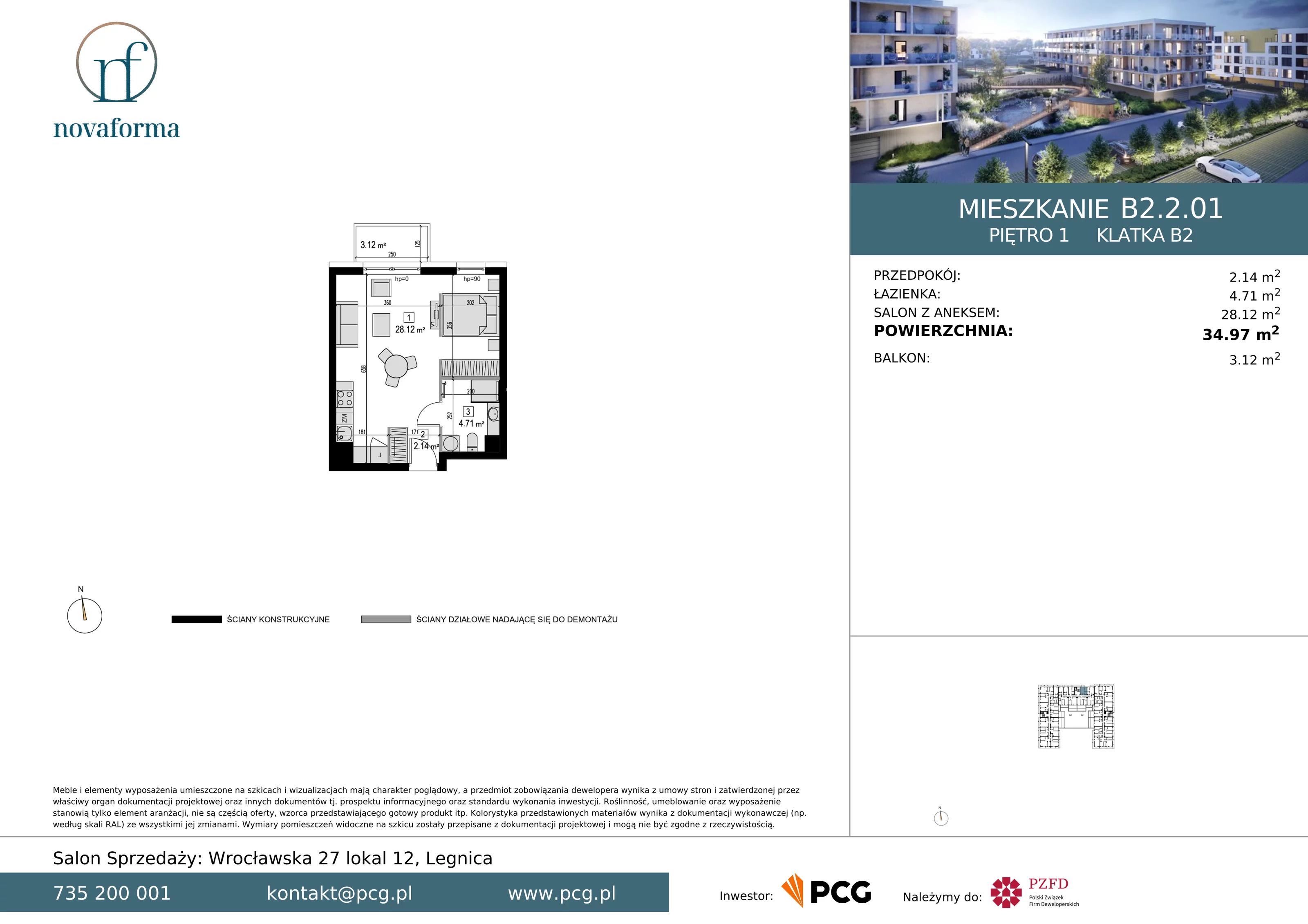 Mieszkanie 34,97 m², piętro 1, oferta nr B/2/2/01, Novaforma II, Legnica, ul. Chojnowska