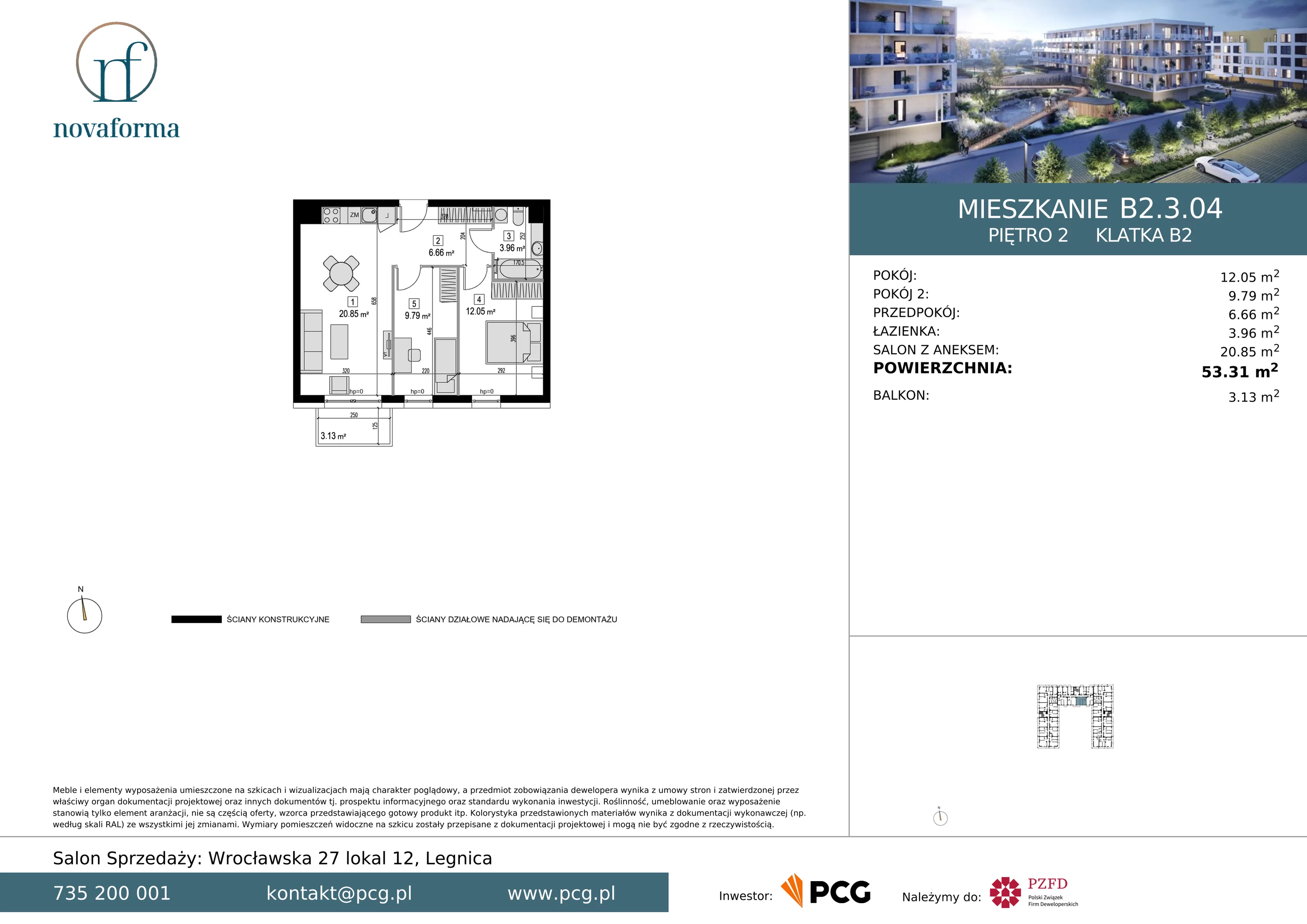 3 pokoje, mieszkanie 53,31 m², piętro 2, oferta nr B/2/3/04, Novaforma II, Legnica, ul. Chojnowska