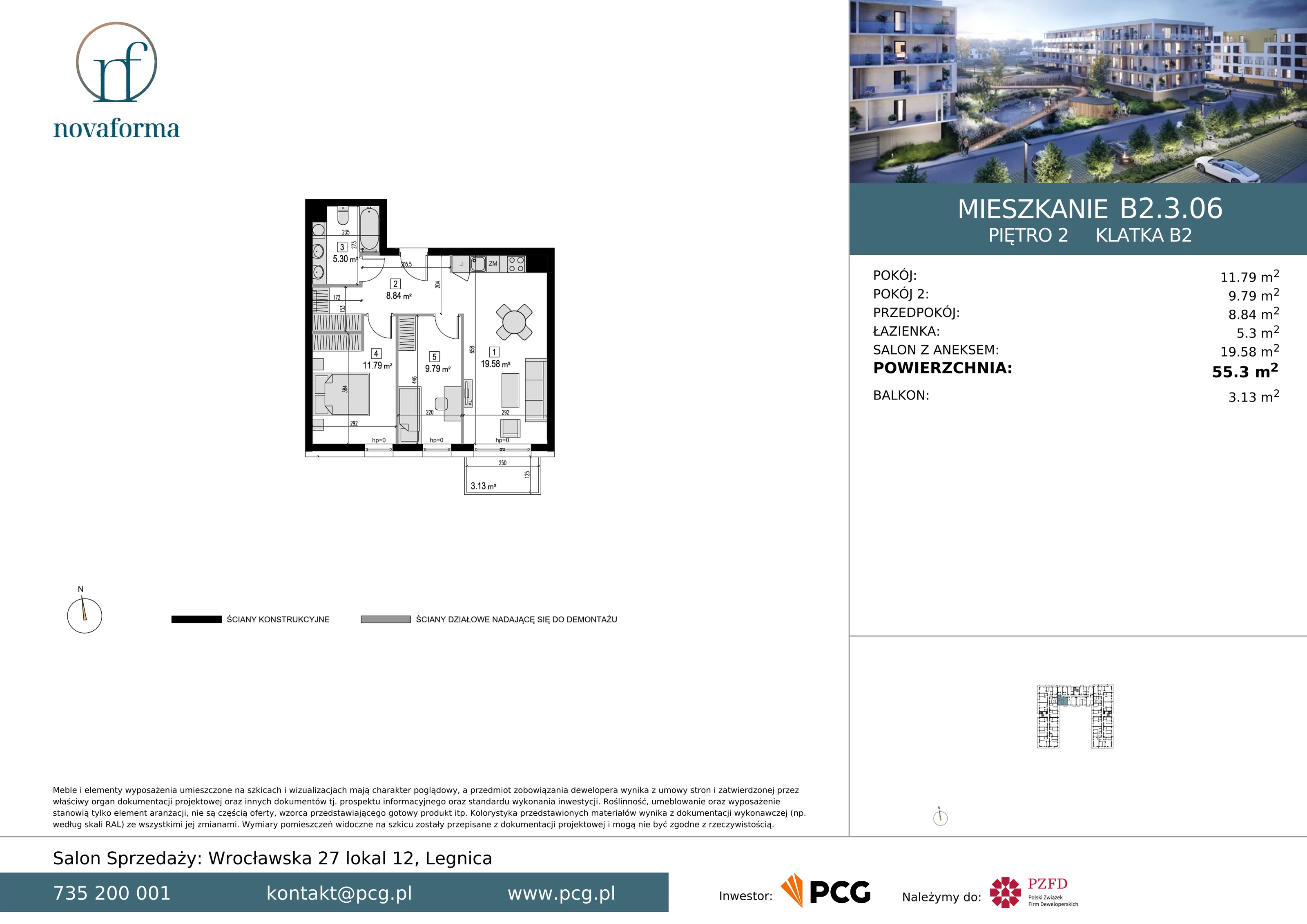 3 pokoje, mieszkanie 55,30 m², piętro 2, oferta nr B/2/3/06, Novaforma II, Legnica, ul. Chojnowska