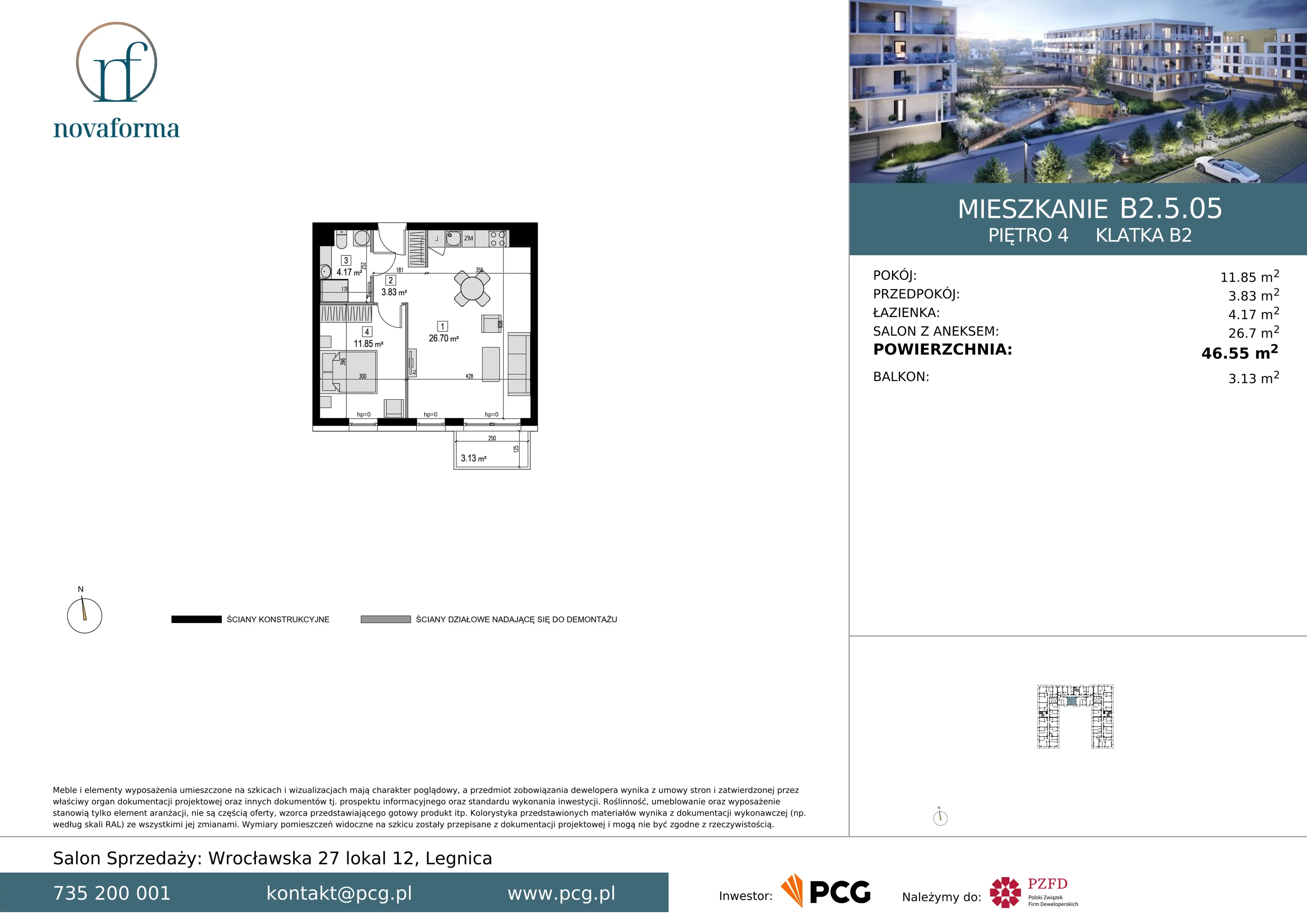 Mieszkanie 46,55 m², piętro 4, oferta nr B/2/5/05, Novaforma II, Legnica, ul. Chojnowska