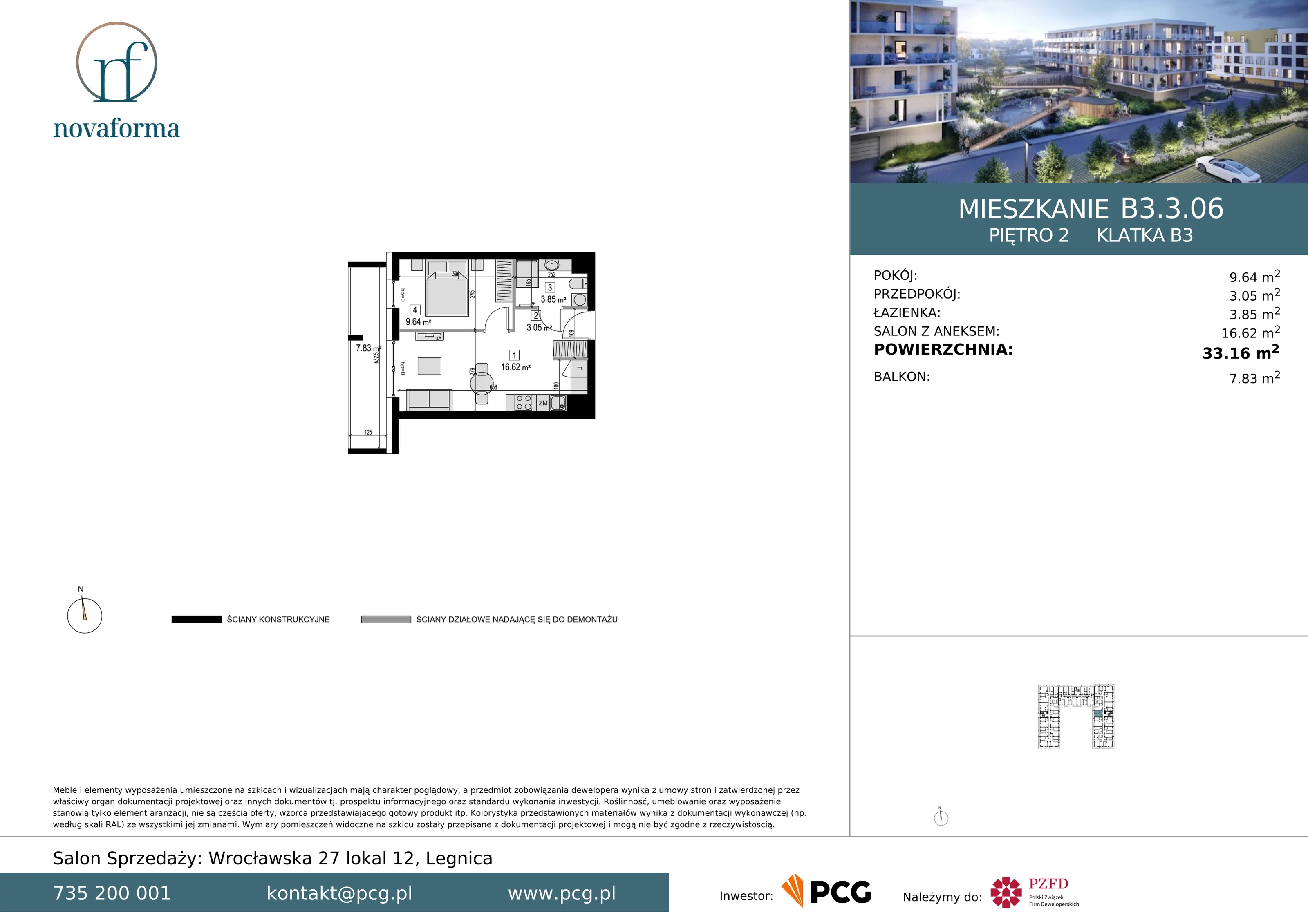 Mieszkanie 33,16 m², piętro 2, oferta nr B/3/3/06, Novaforma II, Legnica, ul. Chojnowska