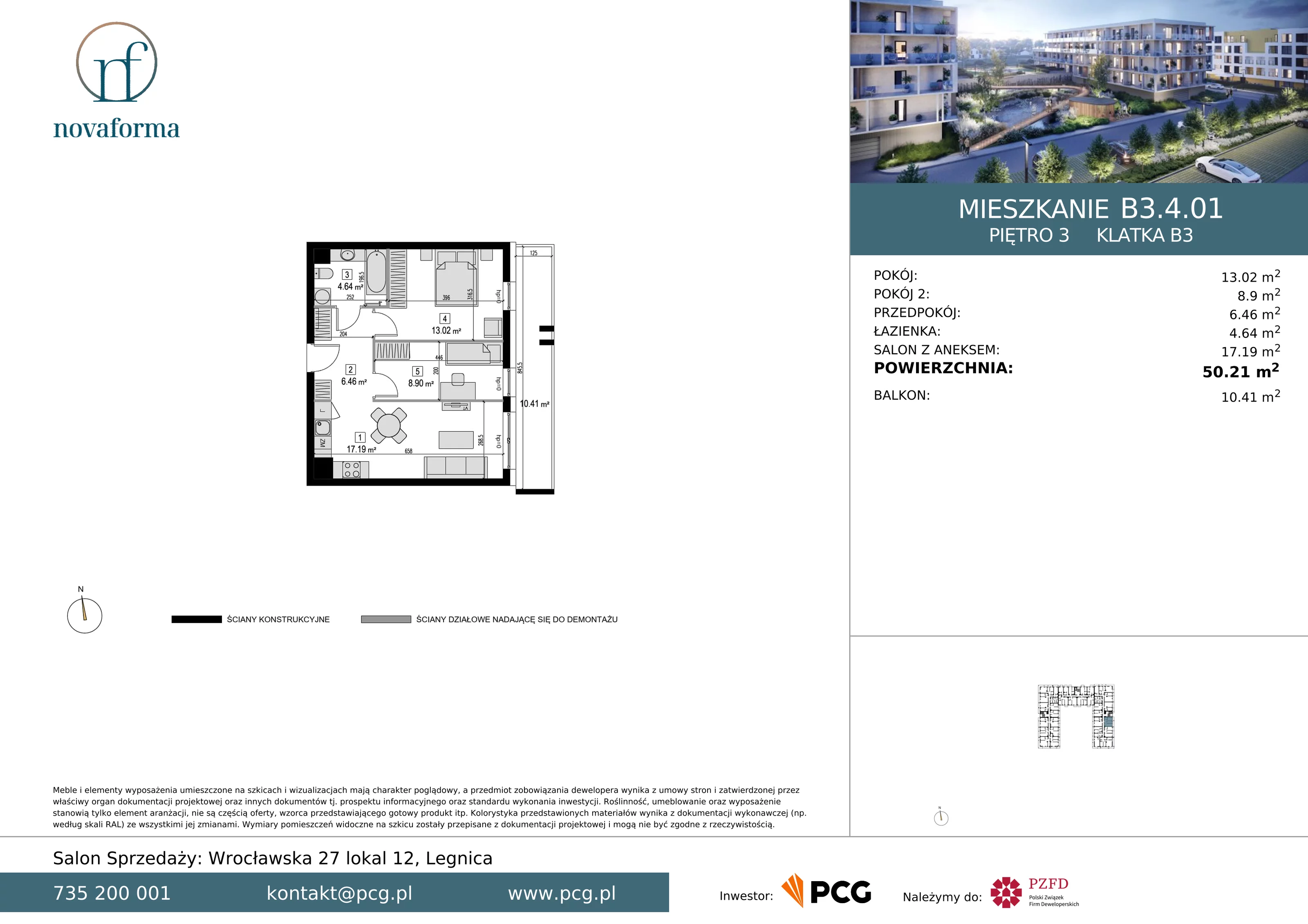 3 pokoje, mieszkanie 50,21 m², piętro 3, oferta nr B/3/4/01, Novaforma II, Legnica, ul. Chojnowska