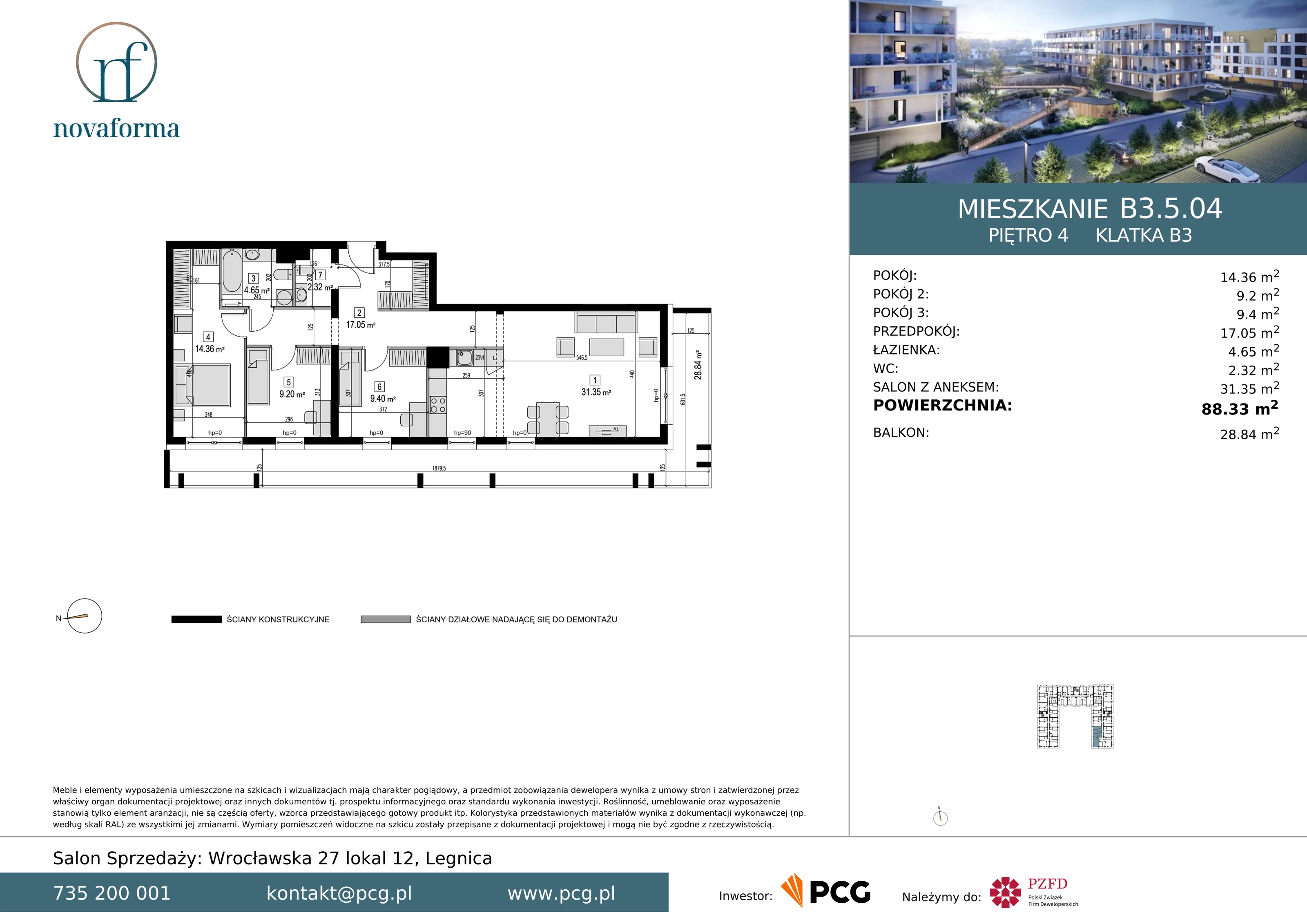 4 pokoje, mieszkanie 88,33 m², piętro 4, oferta nr B/3/5/04, Novaforma II, Legnica, ul. Chojnowska