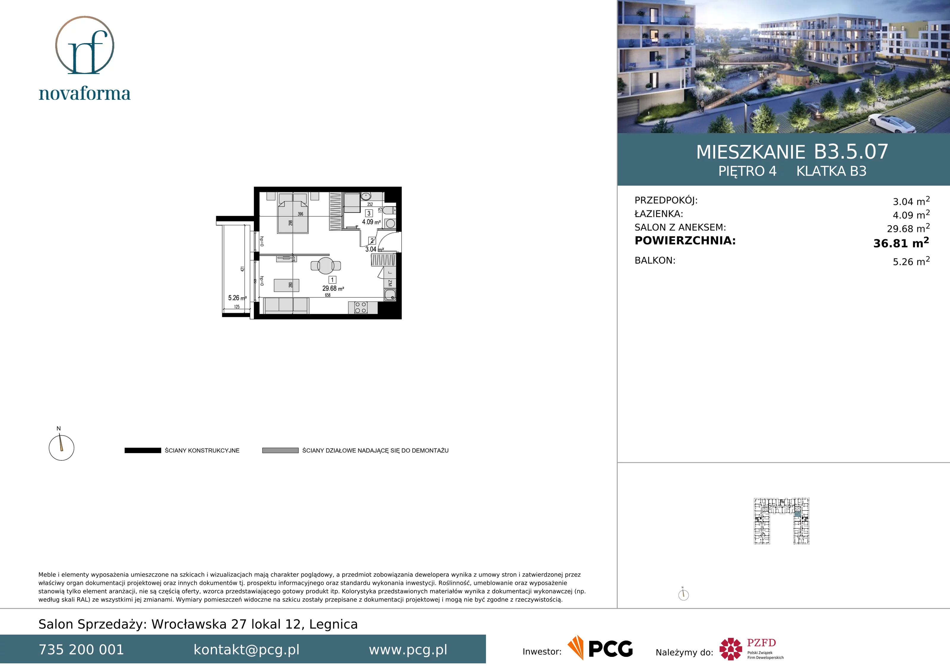 Mieszkanie 36,81 m², piętro 4, oferta nr B/3/5/07, Novaforma II, Legnica, ul. Chojnowska