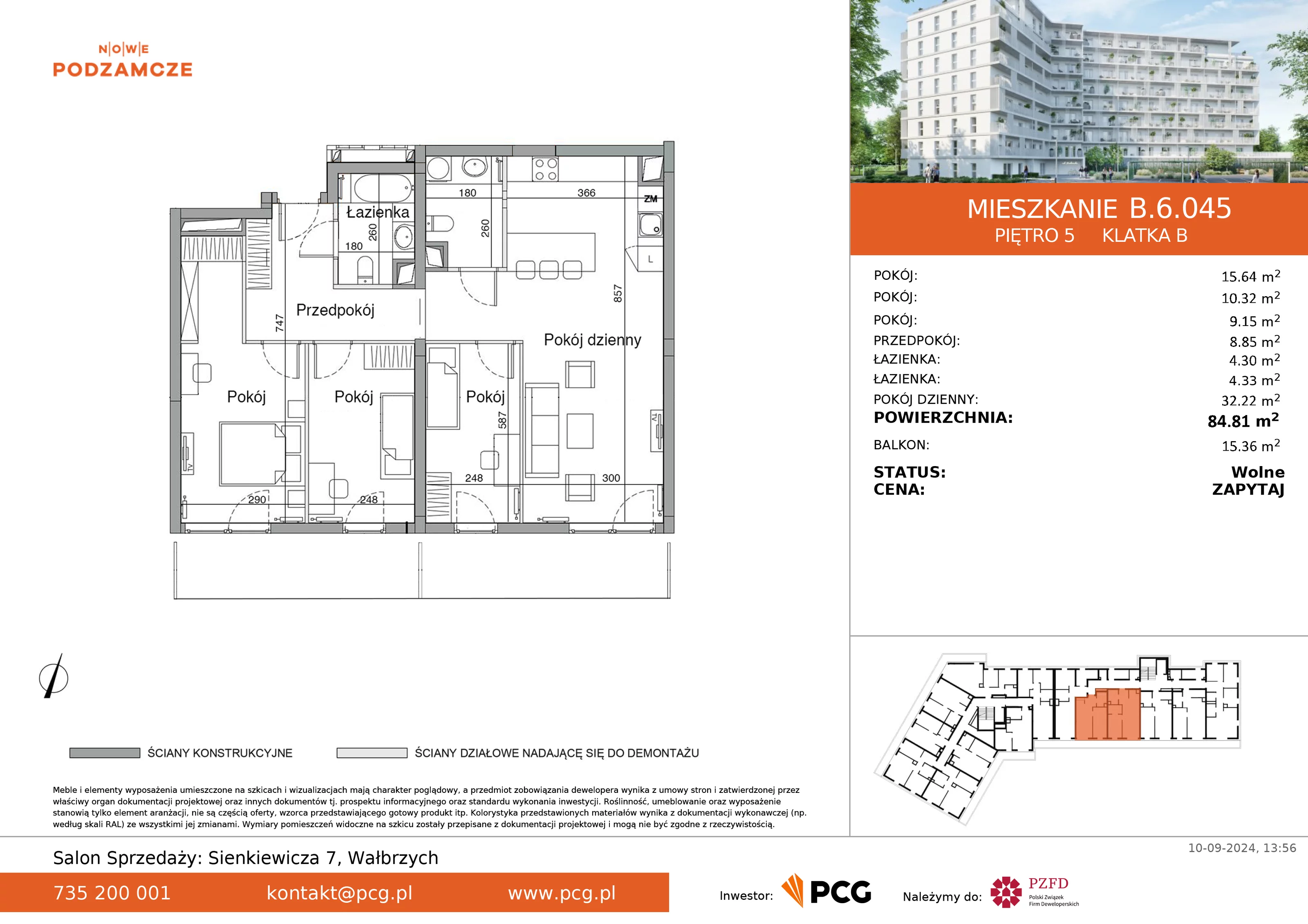 4 pokoje, mieszkanie 84,81 m², piętro 5, oferta nr B.6.045, Nowe Podzamcze, Wałbrzych, al. Podwale 2, 4