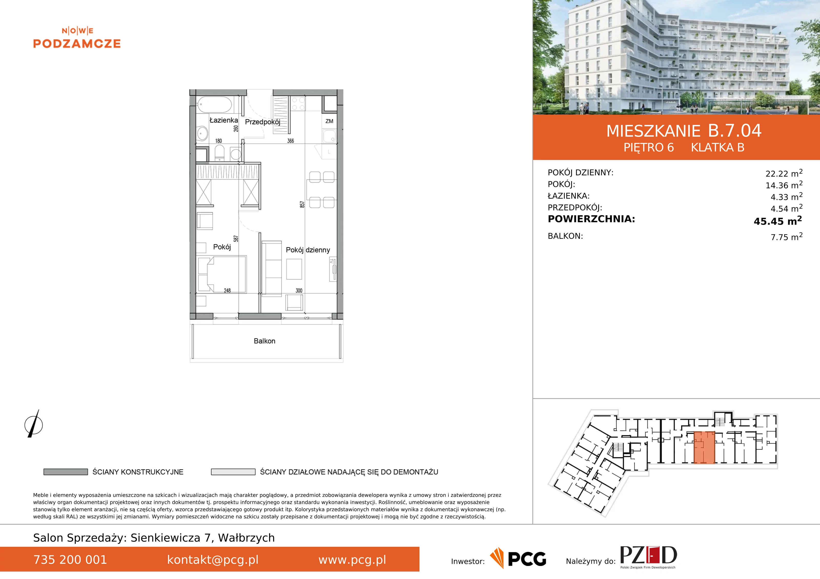 Mieszkanie 45,45 m², piętro 6, oferta nr B.7.04, Nowe Podzamcze, Wałbrzych, al. Podwale 2, 4