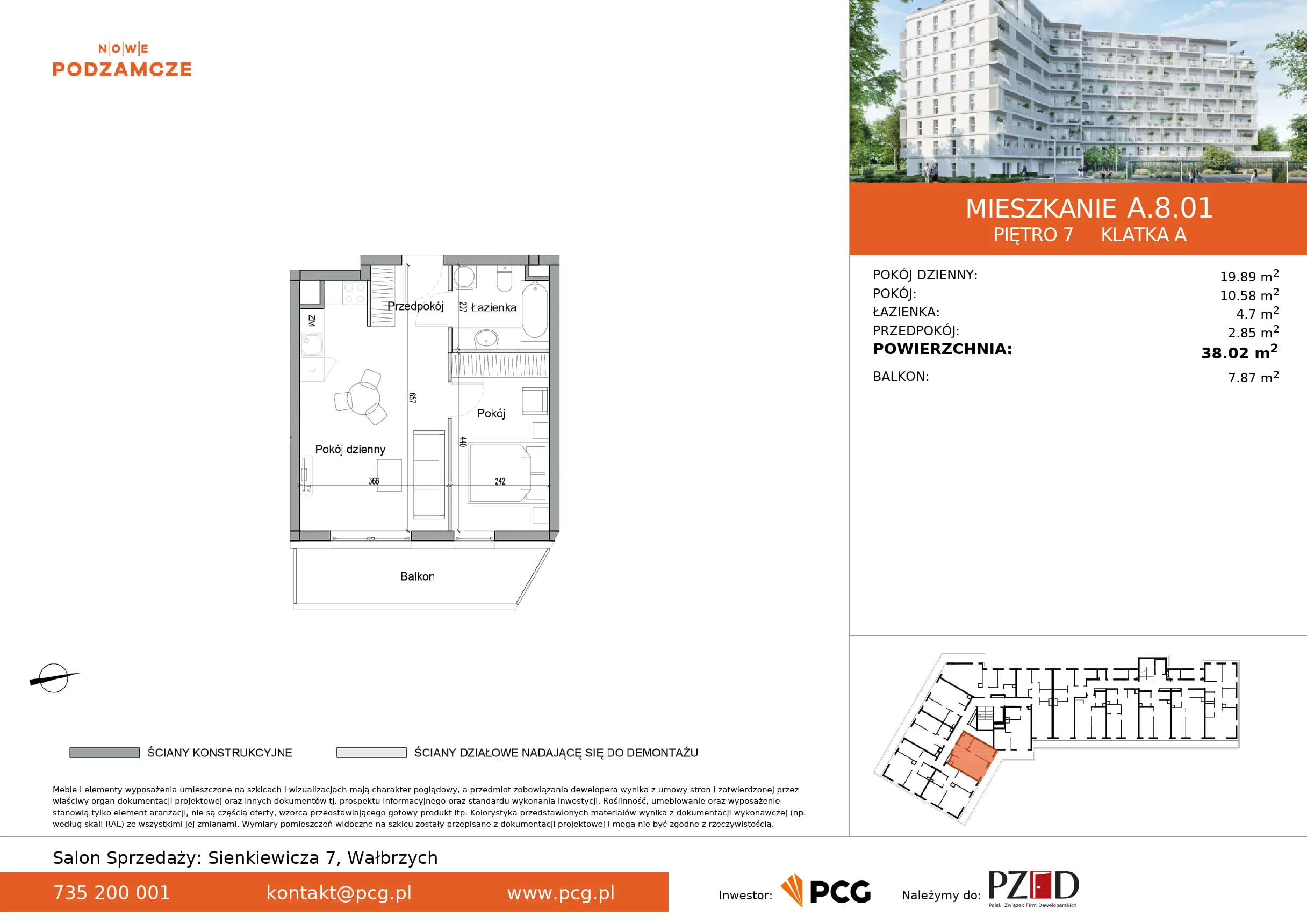 Mieszkanie 38,02 m², piętro 7, oferta nr A.8.01, Nowe Podzamcze, Wałbrzych, al. Podwale 2, 4