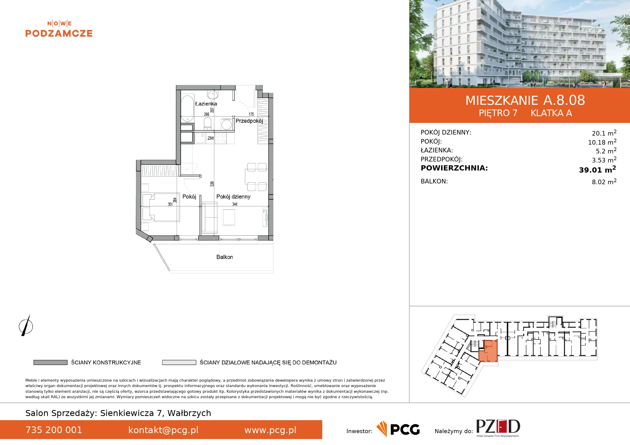 Mieszkanie 39,01 m², piętro 7, oferta nr A.8.08, Nowe Podzamcze, Wałbrzych, al. Podwale 2, 4