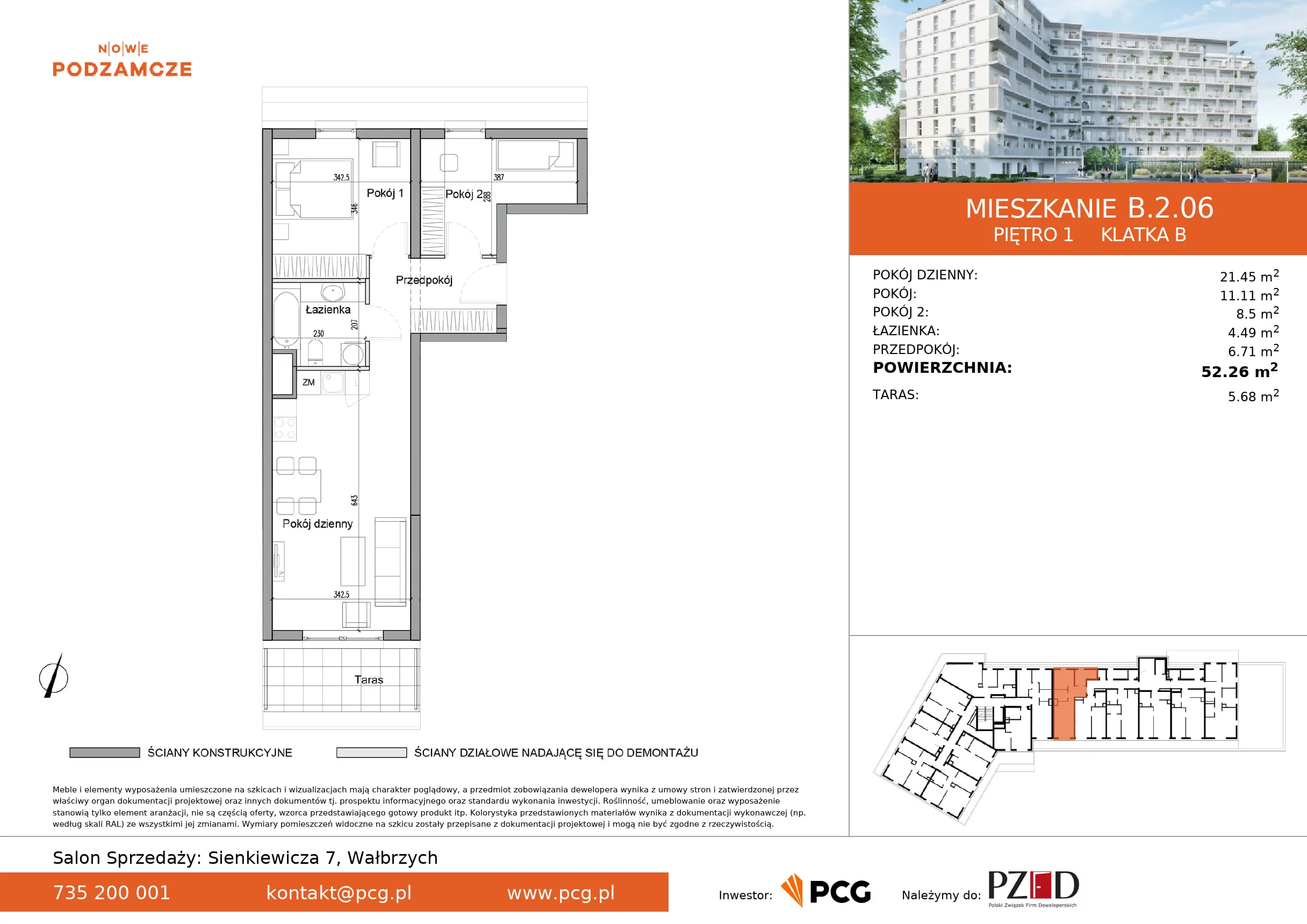 Mieszkanie 52,26 m², piętro 1, oferta nr B.2.06, Nowe Podzamcze, Wałbrzych, al. Podwale 2, 4-idx