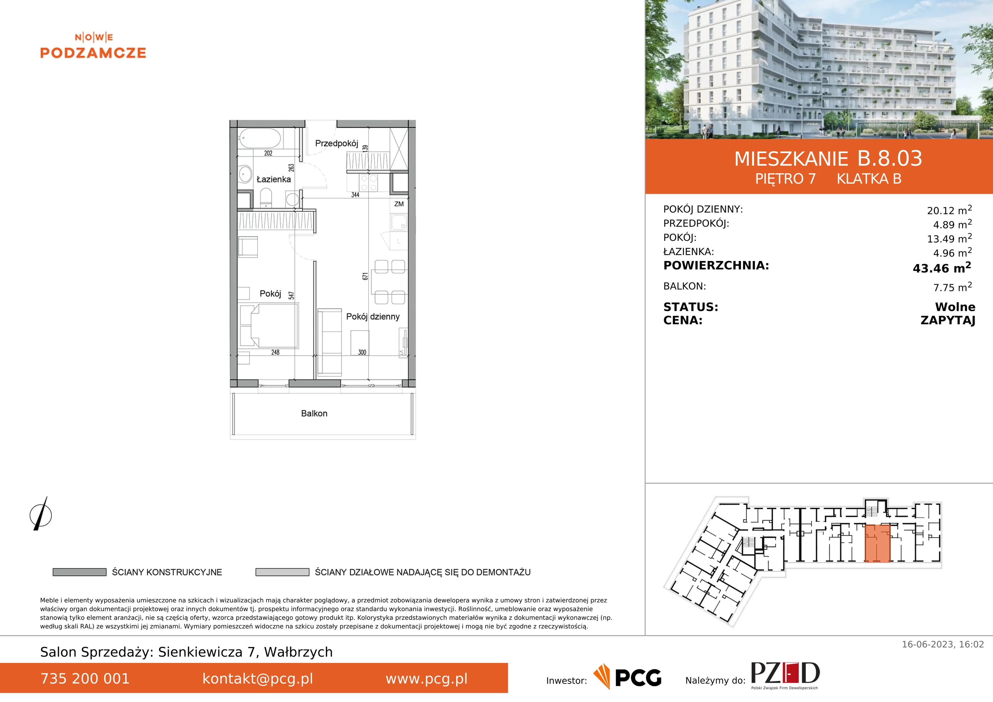 Mieszkanie 43,46 m², piętro 7, oferta nr B.8.03, Nowe Podzamcze, Wałbrzych, al. Podwale 2, 4