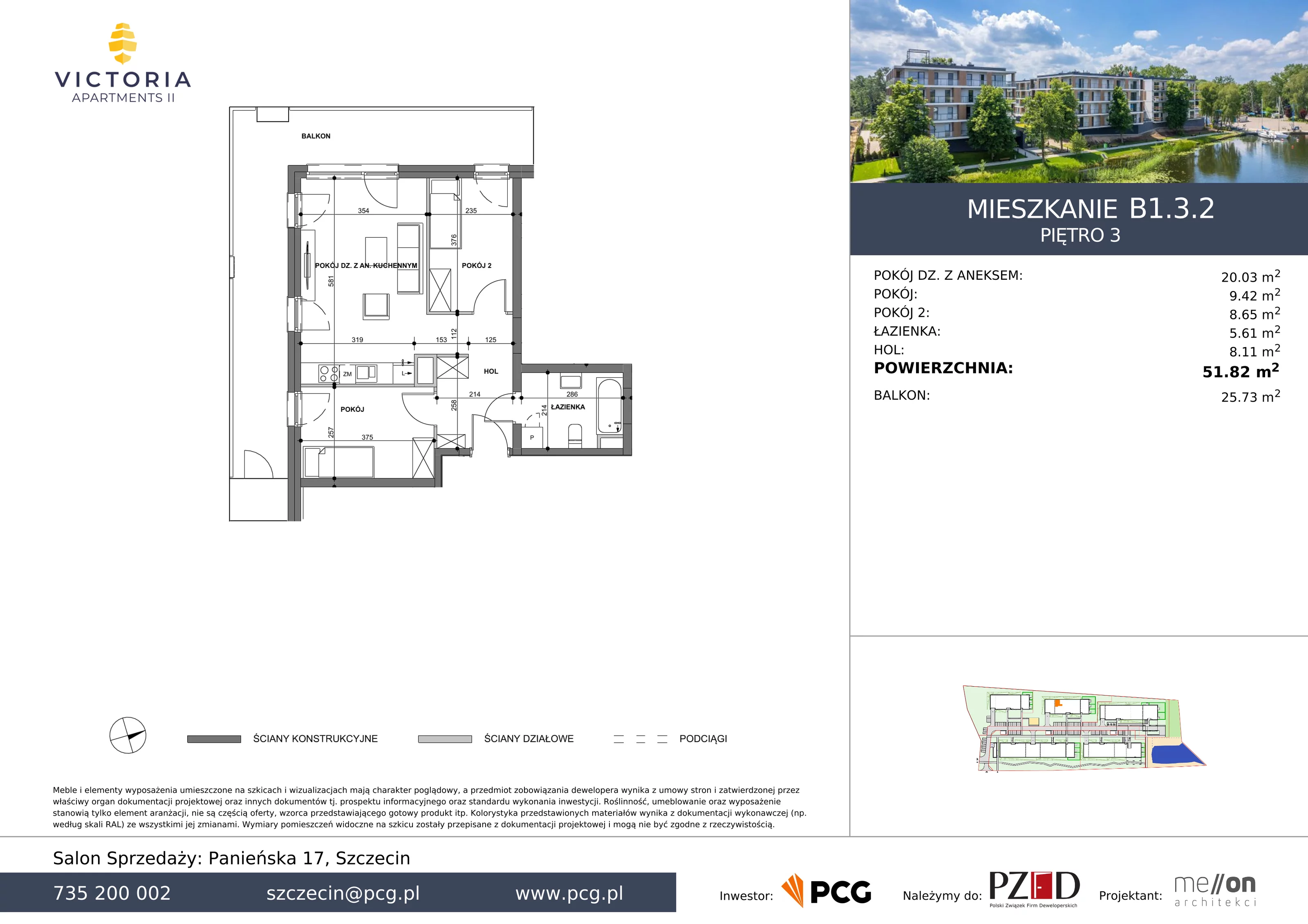 Apartament 51,82 m², piętro 3, oferta nr B1.3.2, Victoria Apartments II, Szczecin, Prawobrzeże, Dąbie, ul. Przestrzenna