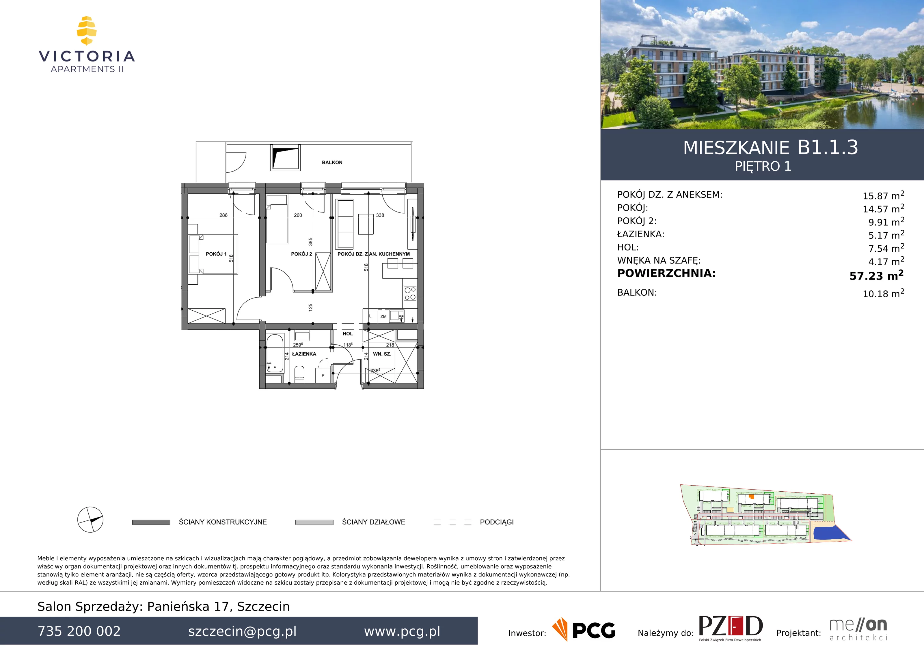 Apartament 57,23 m², piętro 1, oferta nr B1.1.3, Victoria Apartments II, Szczecin, Prawobrzeże, Dąbie, ul. Przestrzenna