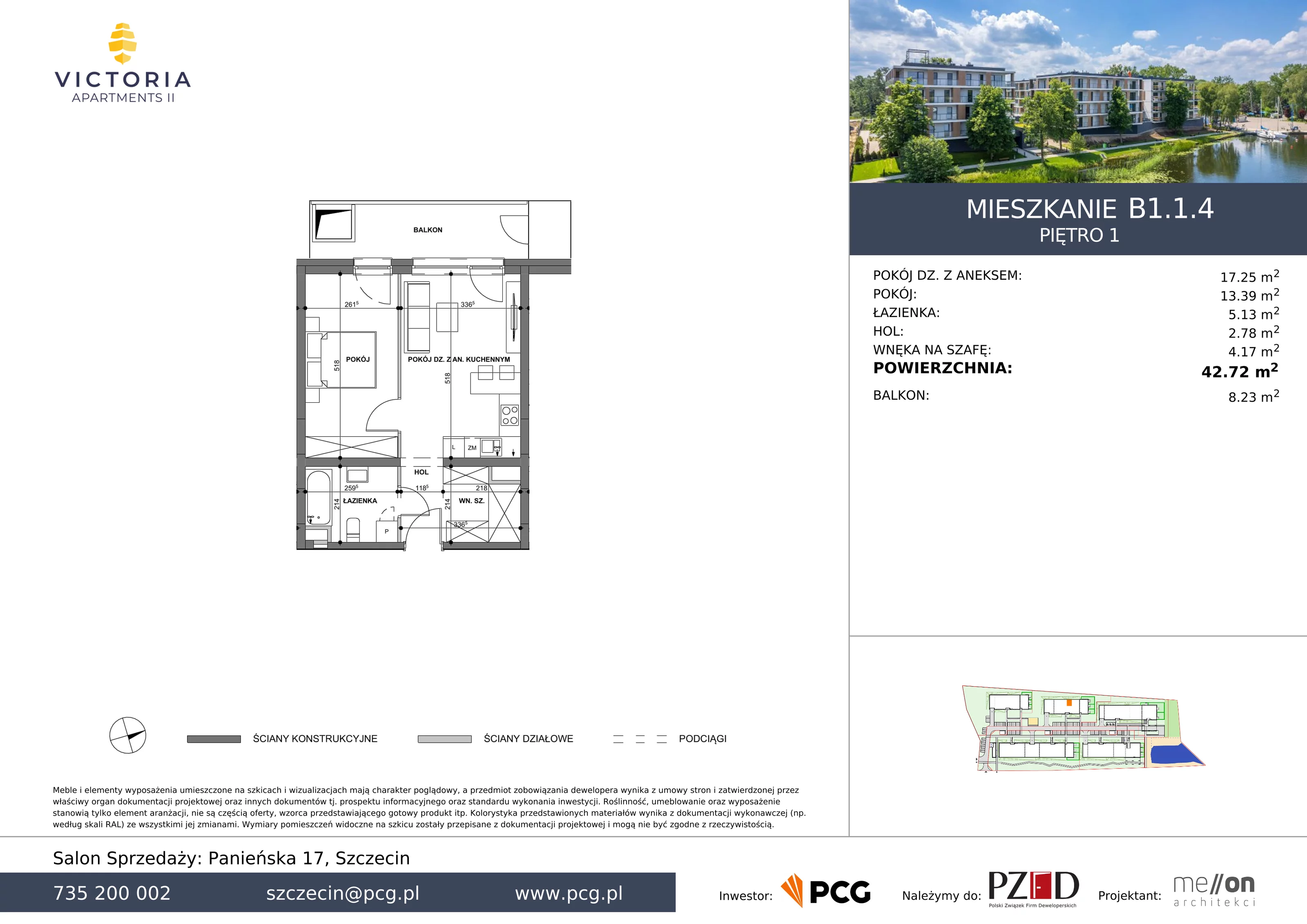 Apartament 42,72 m², piętro 1, oferta nr B1.1.4, Victoria Apartments II, Szczecin, Prawobrzeże, Dąbie, ul. Przestrzenna