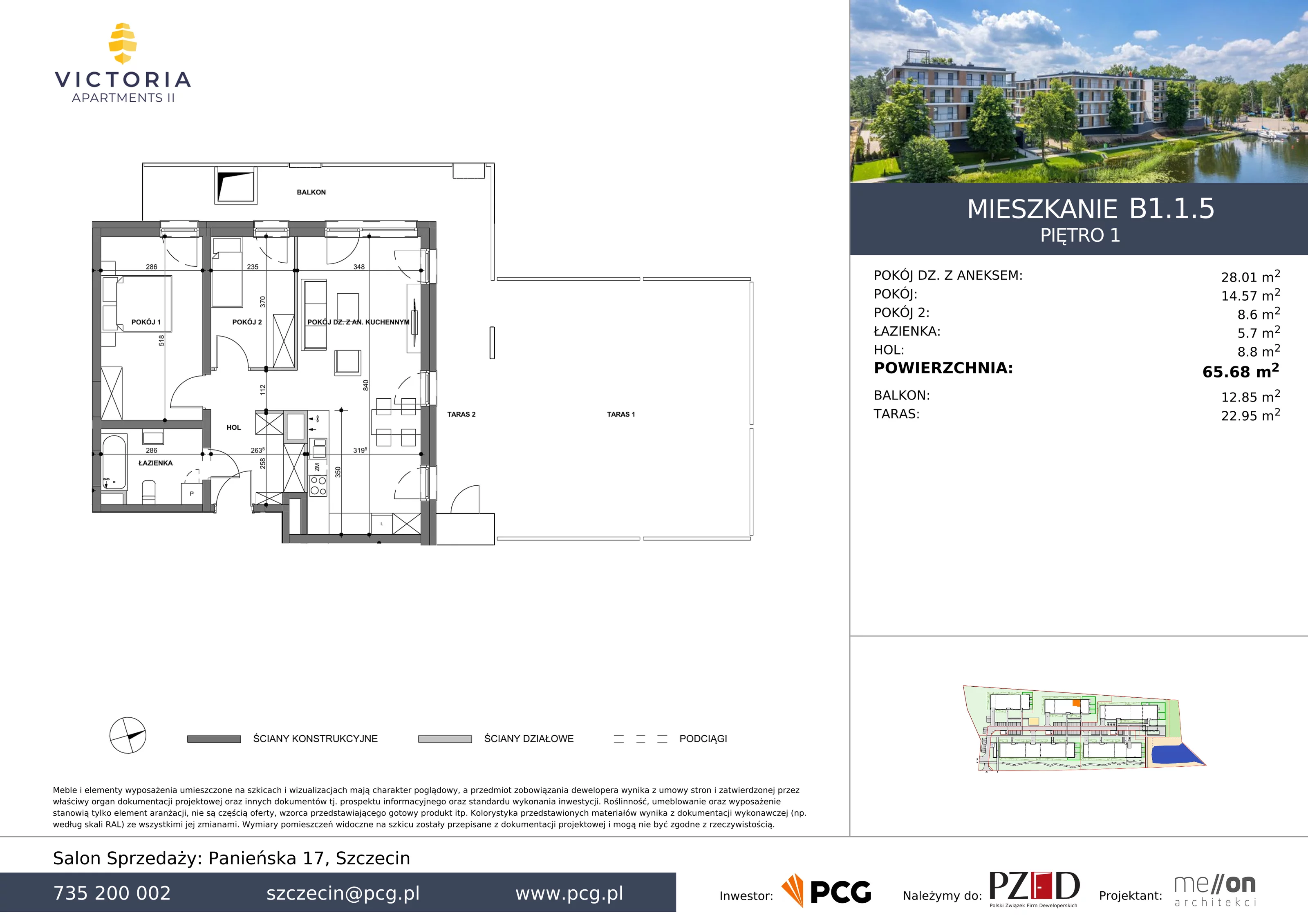 Apartament 65,68 m², piętro 1, oferta nr B1.1.5, Victoria Apartments II, Szczecin, Prawobrzeże, Dąbie, ul. Przestrzenna