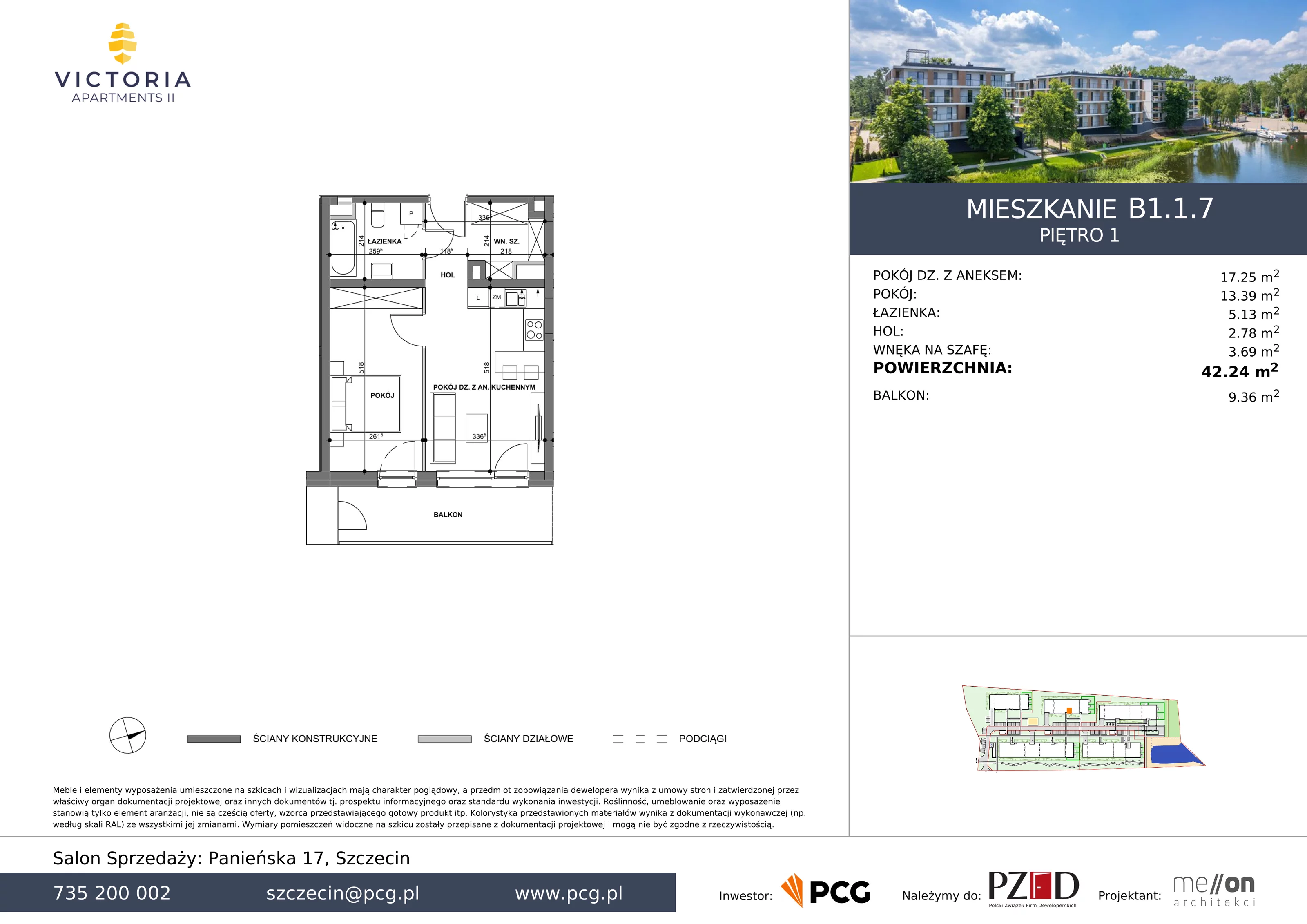 Apartament 42,24 m², piętro 1, oferta nr B1.1.7, Victoria Apartments II, Szczecin, Prawobrzeże, Dąbie, ul. Przestrzenna