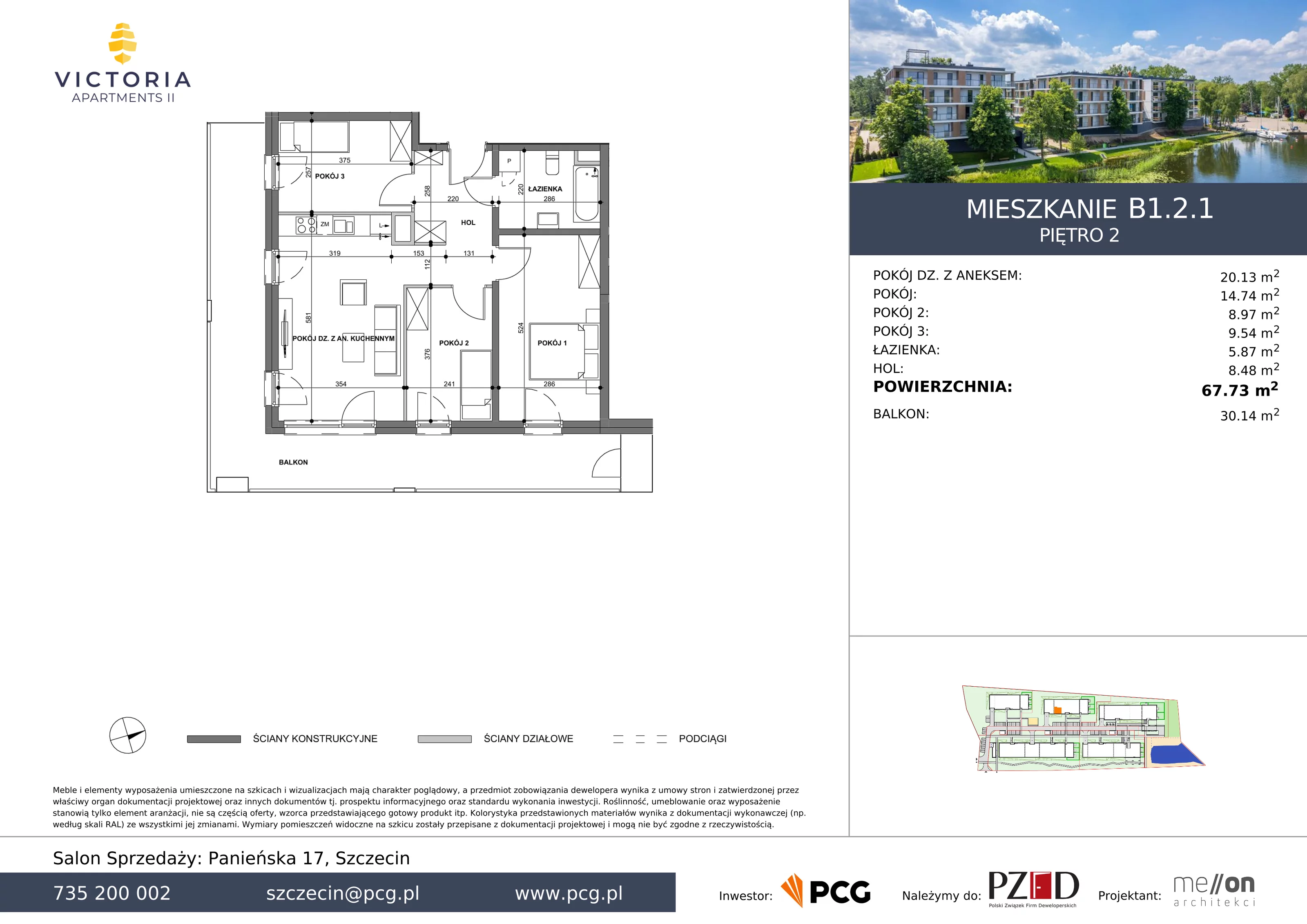 Apartament 67,73 m², piętro 2, oferta nr B1.2.1, Victoria Apartments II, Szczecin, Prawobrzeże, Dąbie, ul. Przestrzenna