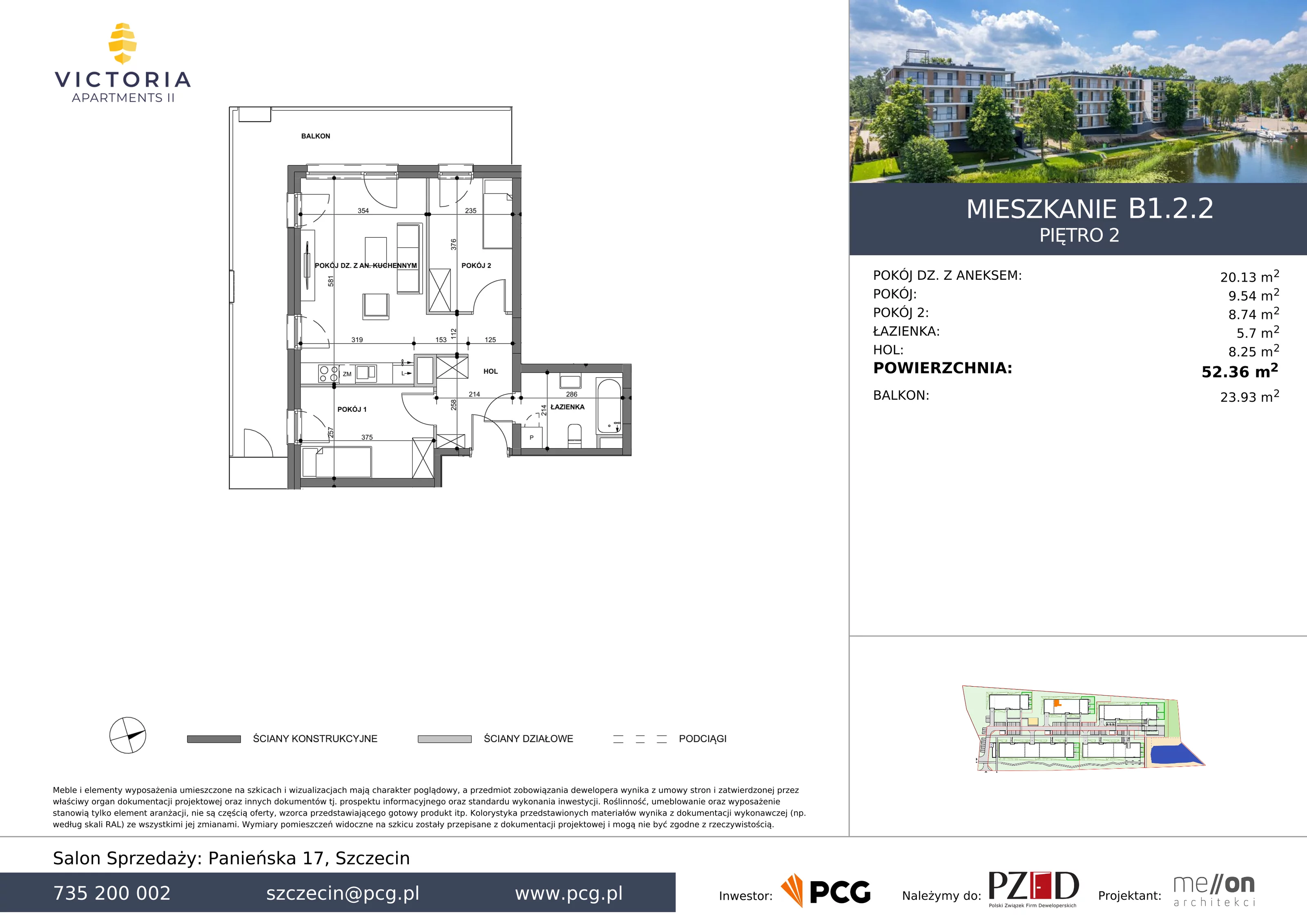 3 pokoje, apartament 52,36 m², piętro 2, oferta nr B1.2.2, Victoria Apartments II, Szczecin, Prawobrzeże, Dąbie, ul. Przestrzenna