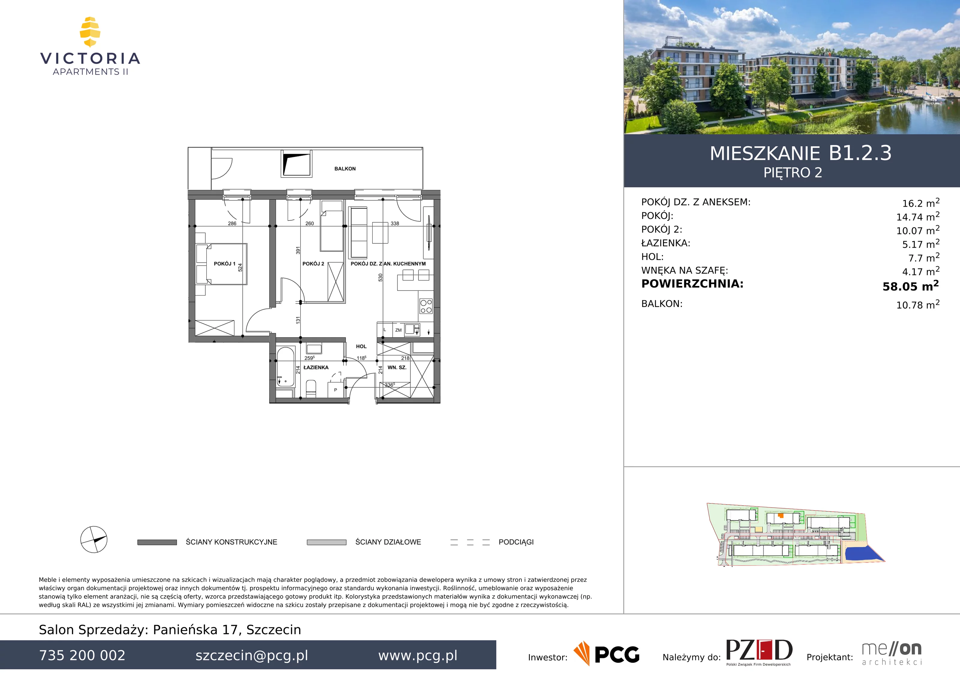 Apartament 58,05 m², piętro 2, oferta nr B1.2.3, Victoria Apartments II, Szczecin, Prawobrzeże, Dąbie, ul. Przestrzenna
