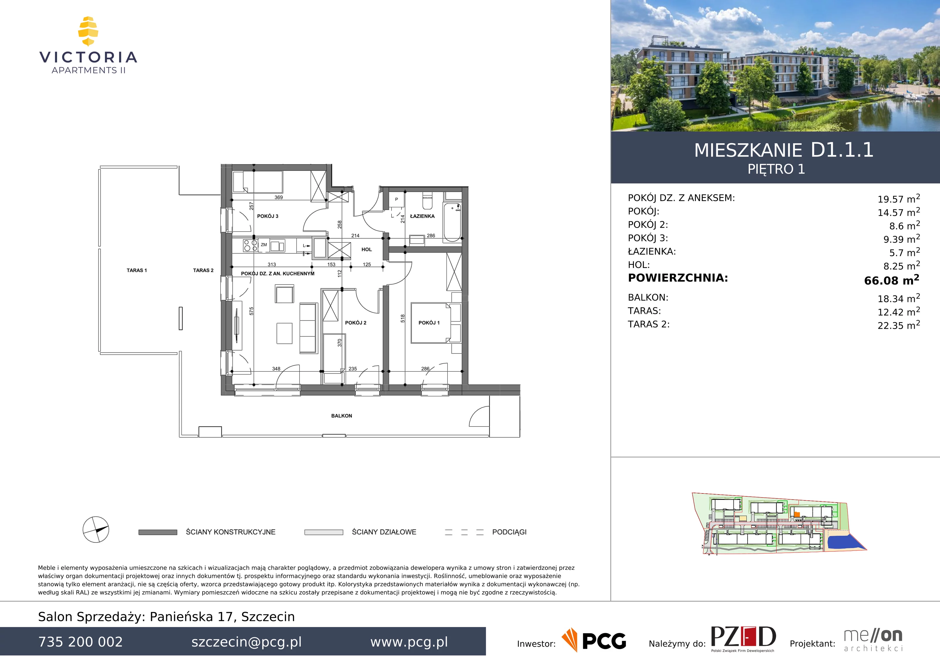 Apartament 66,08 m², piętro 1, oferta nr D1.1.1, Victoria Apartments II, Szczecin, Prawobrzeże, Dąbie, ul. Przestrzenna