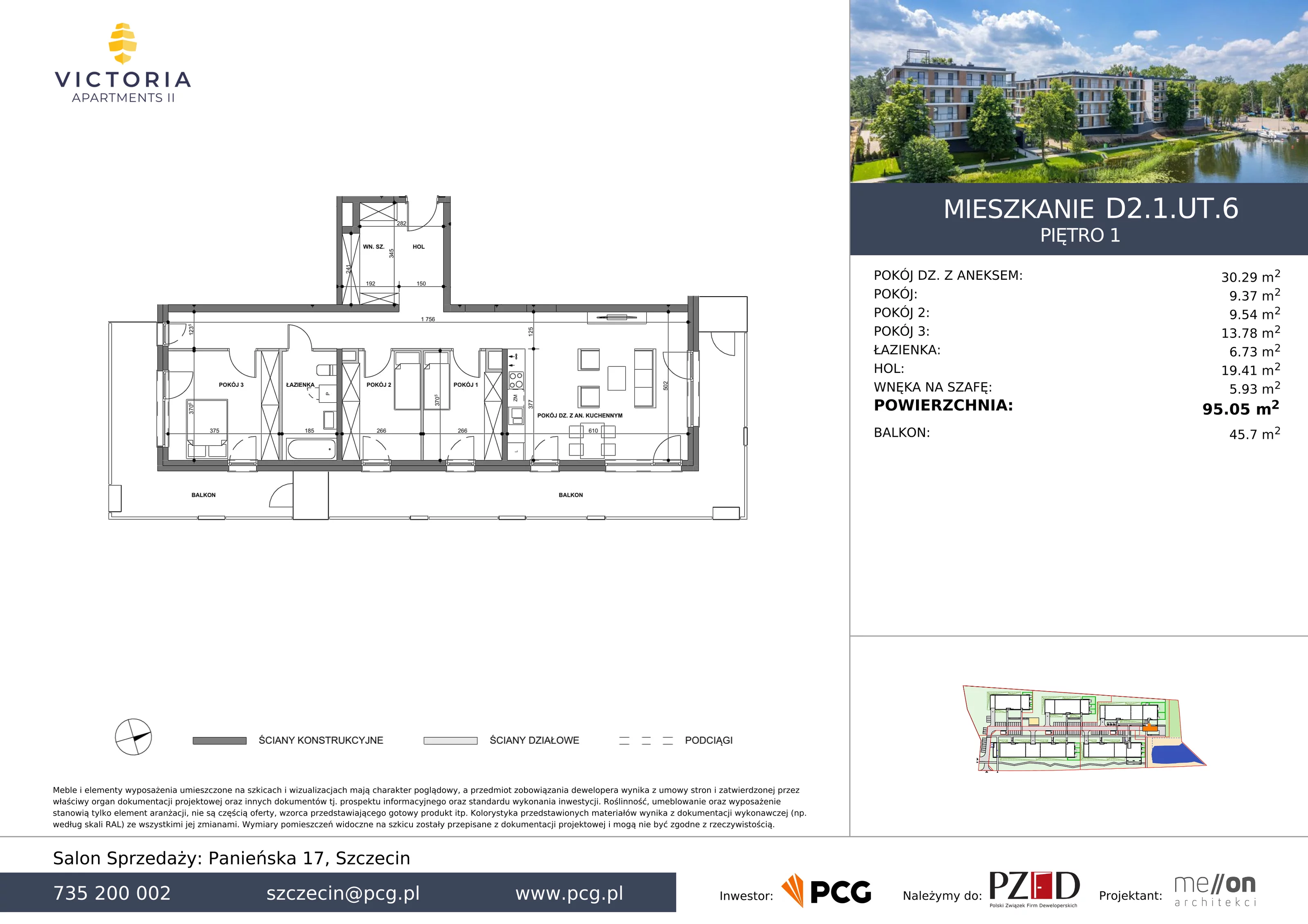 3 pokoje, apartament 95,05 m², piętro 1, oferta nr D2.1.UT.6, Victoria Apartments II, Szczecin, Prawobrzeże, Dąbie, ul. Przestrzenna