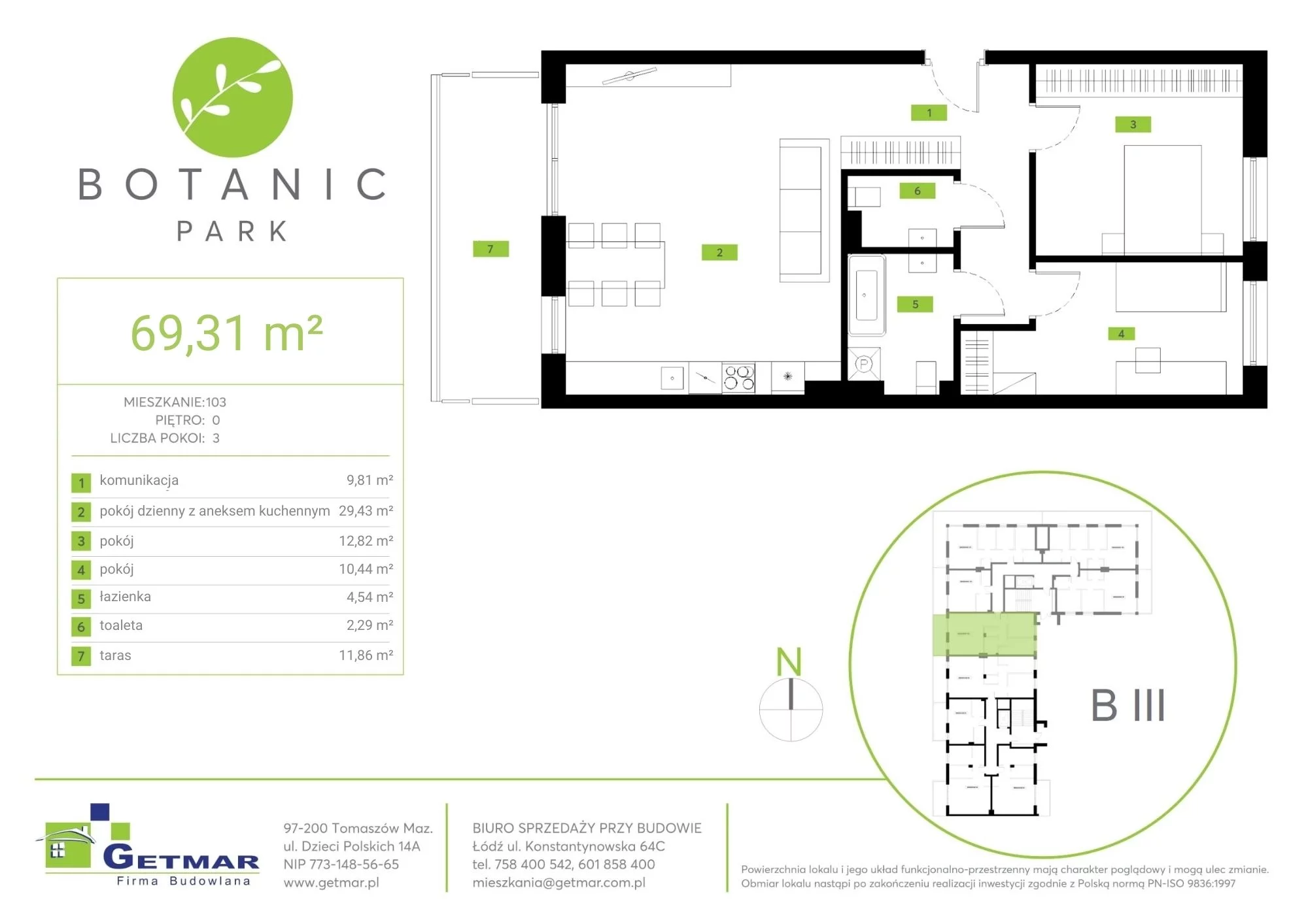 Mieszkanie 69,31 m², parter, oferta nr 103, Botanic Park, Łódź, Polesie, Złotno, ul. Konstantynowska 64c