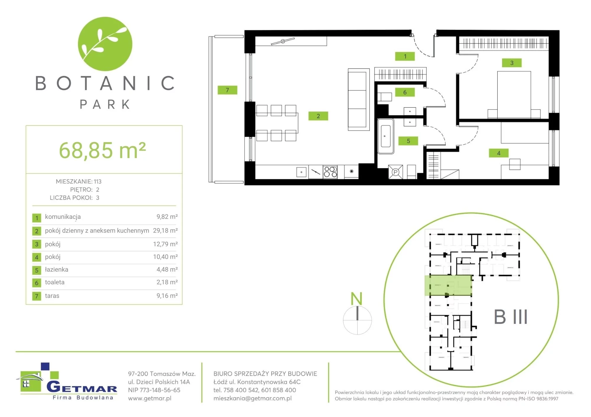 Mieszkanie 68,85 m², piętro 2, oferta nr 113, Botanic Park, Łódź, Polesie, Złotno, ul. Konstantynowska 64c