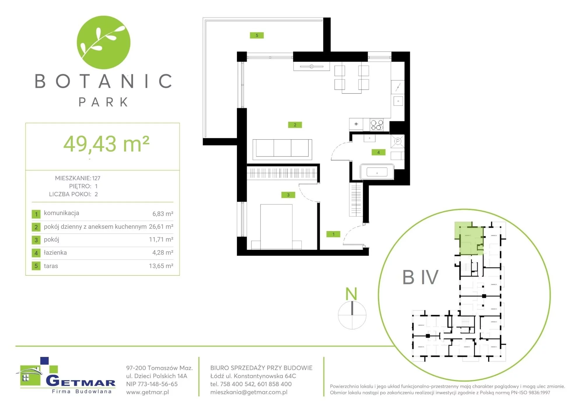 Mieszkanie 49,43 m², piętro 1, oferta nr 127, Botanic Park, Łódź, Polesie, Złotno, ul. Konstantynowska 64c