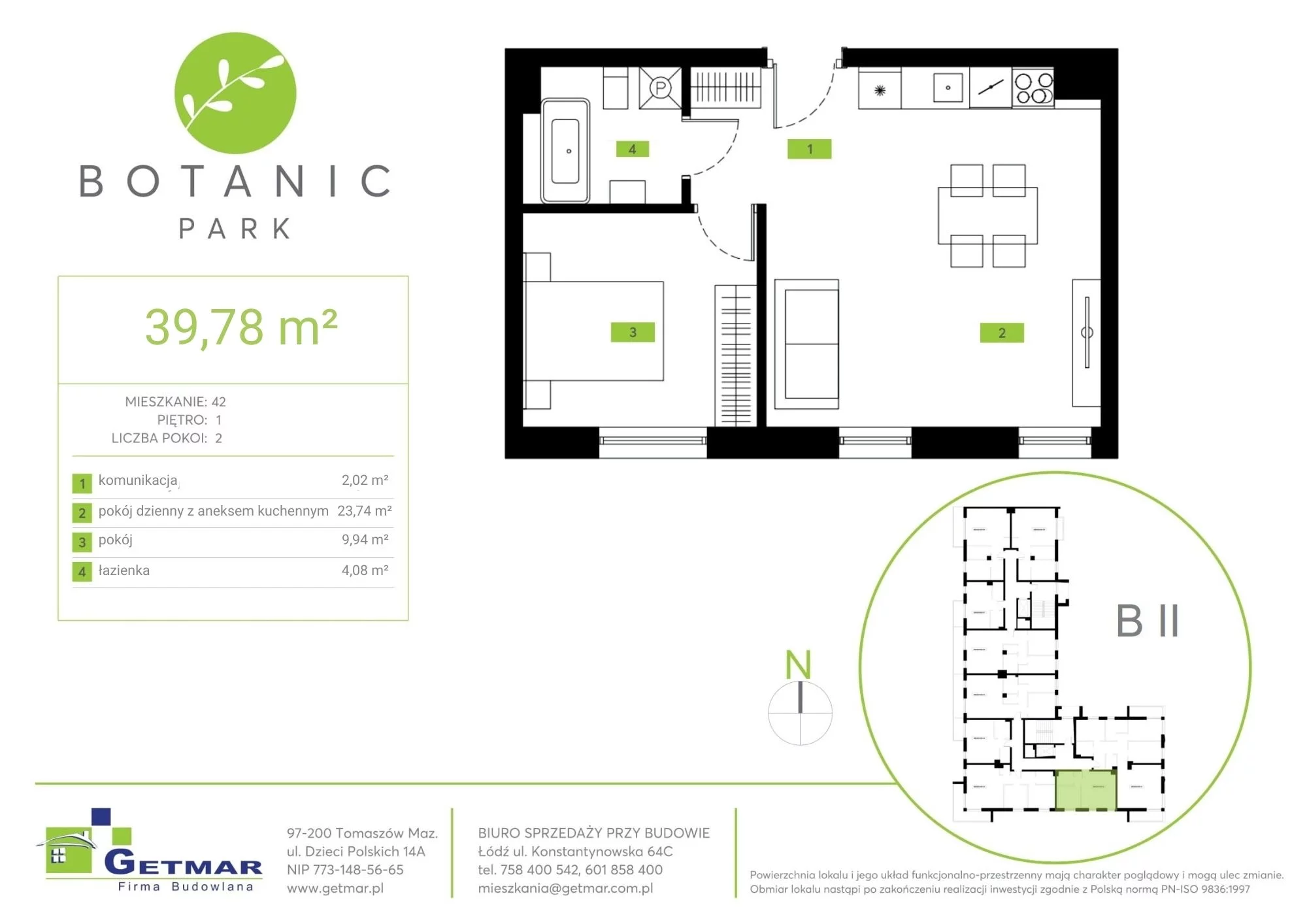 Mieszkanie 39,78 m², piętro 1, oferta nr 42, Botanic Park, Łódź, Polesie, Złotno, ul. Konstantynowska 64c