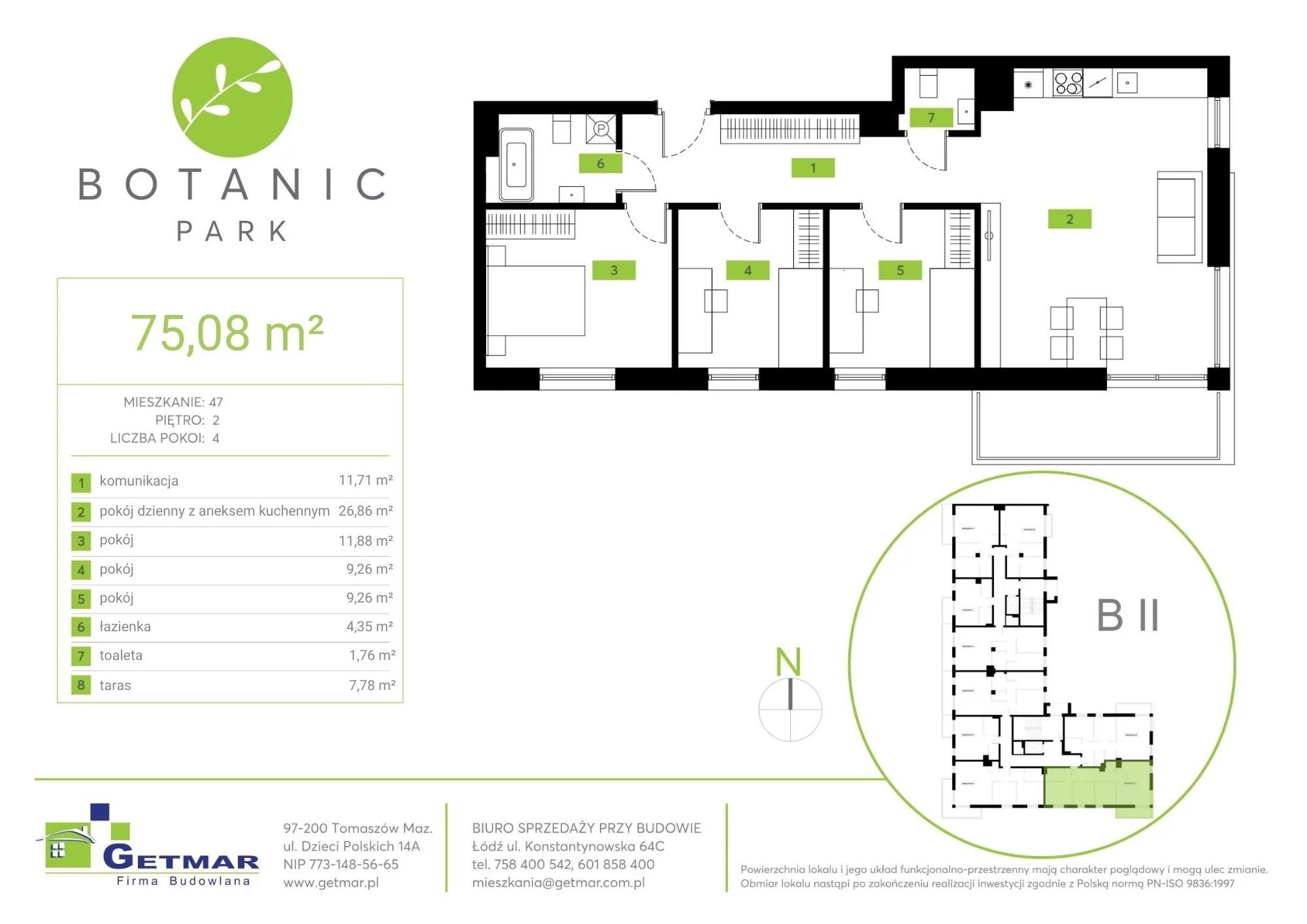 4 pokoje, mieszkanie 75,08 m², piętro 2, oferta nr 47, Botanic Park, Łódź, Polesie, Złotno, ul. Konstantynowska 66 C, D, E, F
