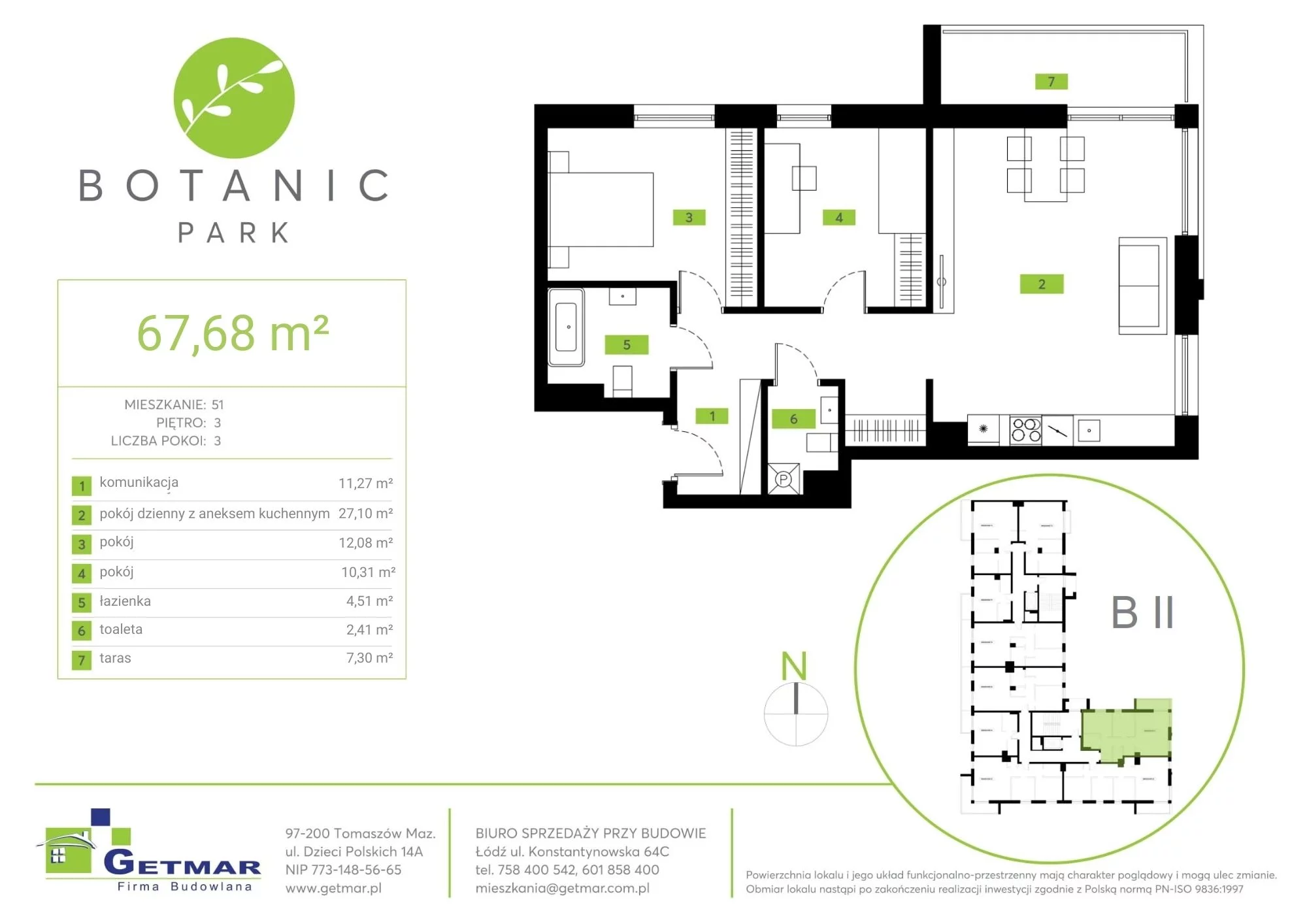 Mieszkanie 67,68 m², piętro 3, oferta nr 51, Botanic Park, Łódź, Polesie, Złotno, ul. Konstantynowska 64c