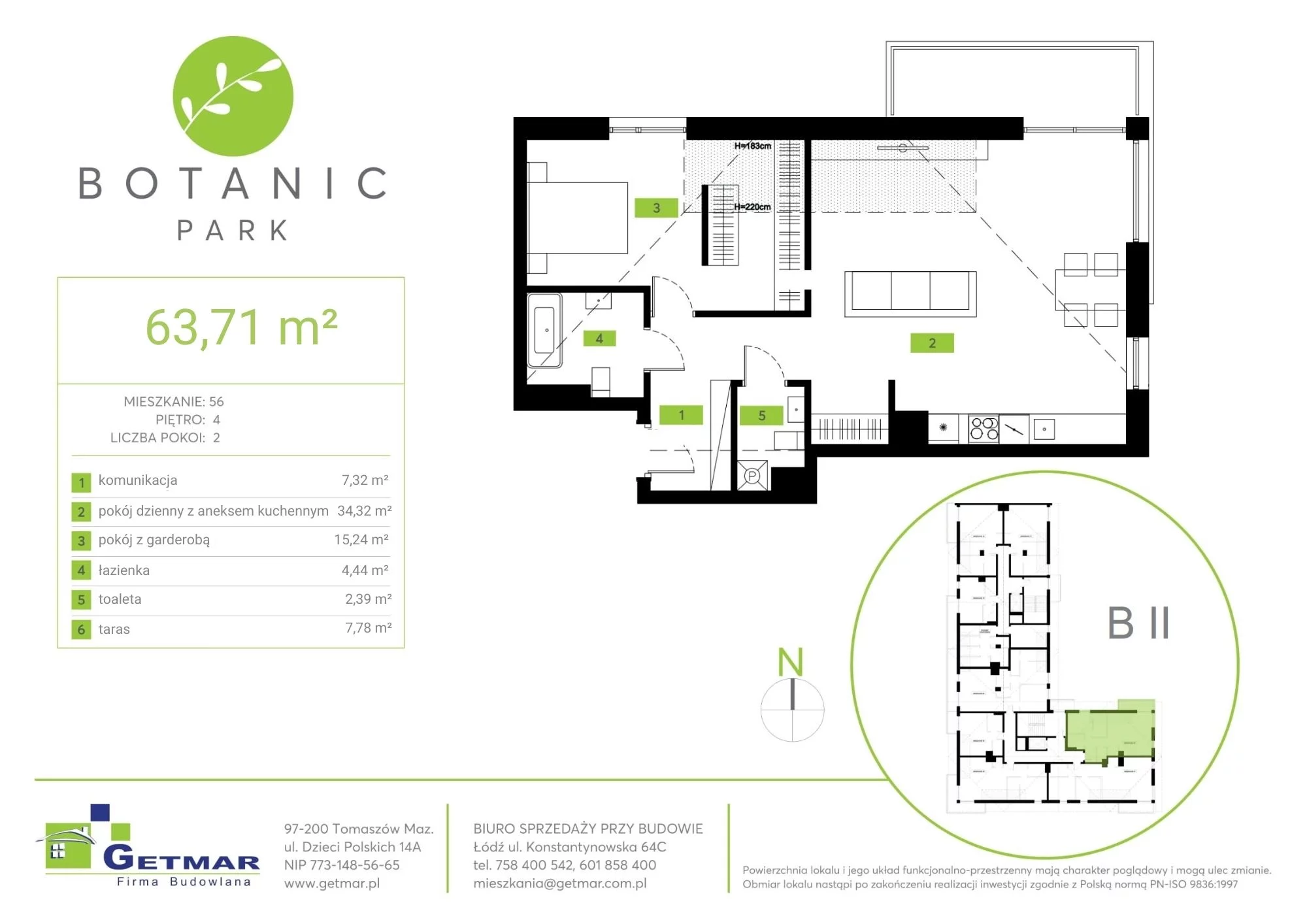 Mieszkanie 63,71 m², piętro 4, oferta nr 56, Botanic Park, Łódź, Polesie, Złotno, ul. Konstantynowska 64c