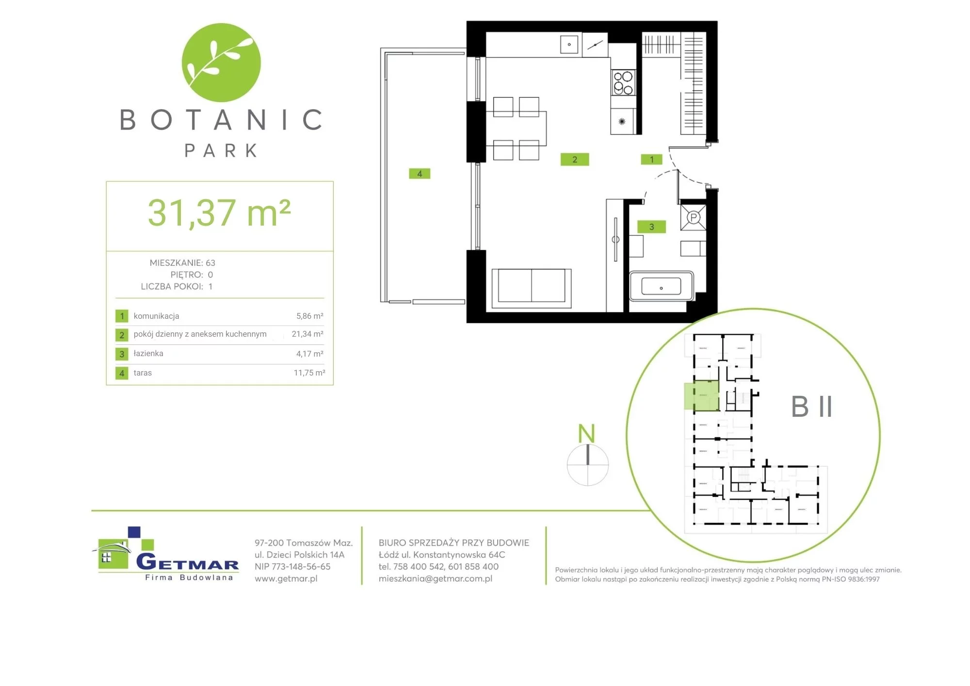 Mieszkanie 31,37 m², parter, oferta nr 63, Botanic Park, Łódź, Polesie, Złotno, ul. Konstantynowska 64c