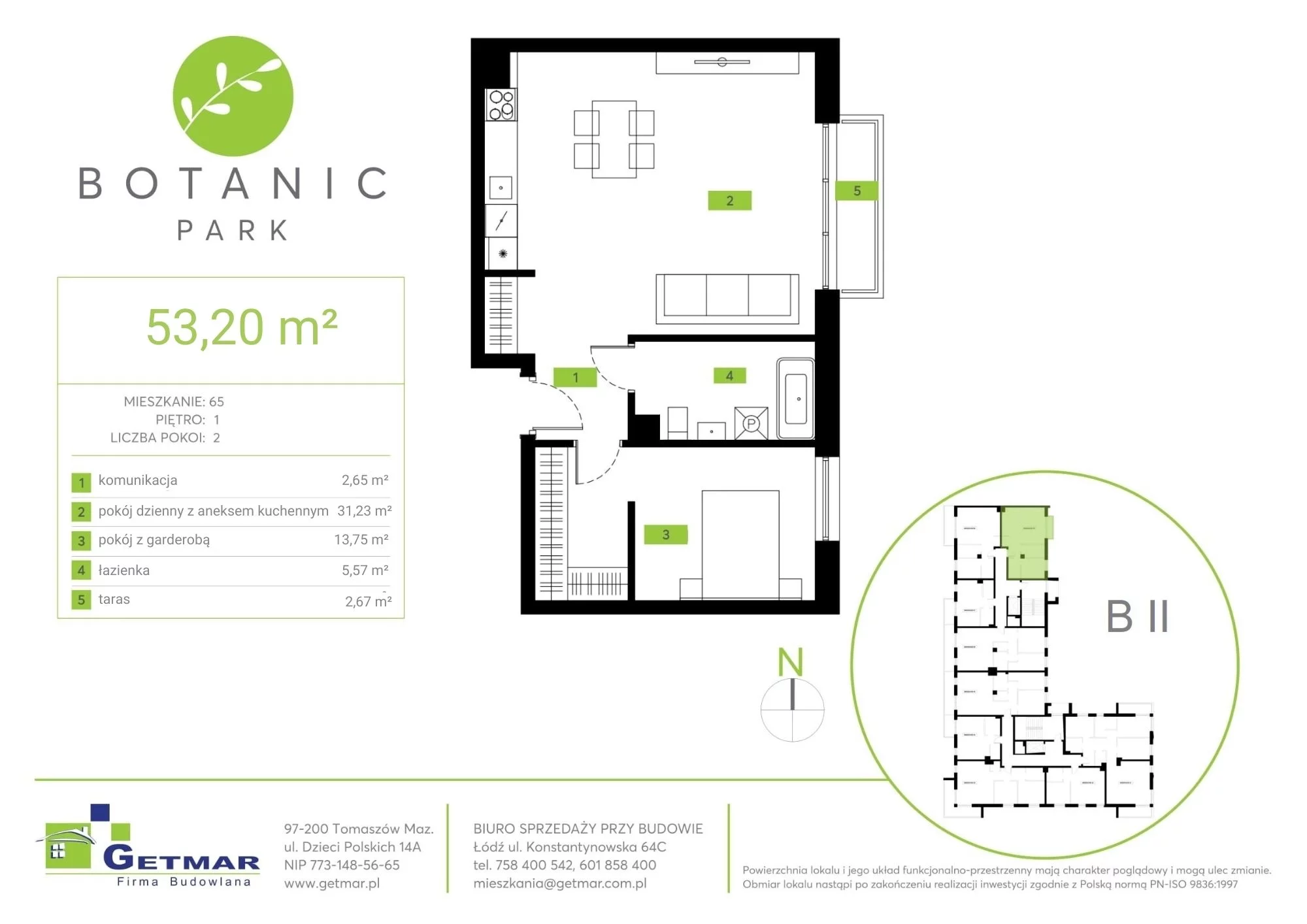 Mieszkanie 53,20 m², piętro 1, oferta nr 65, Botanic Park, Łódź, Polesie, Złotno, ul. Konstantynowska 64c