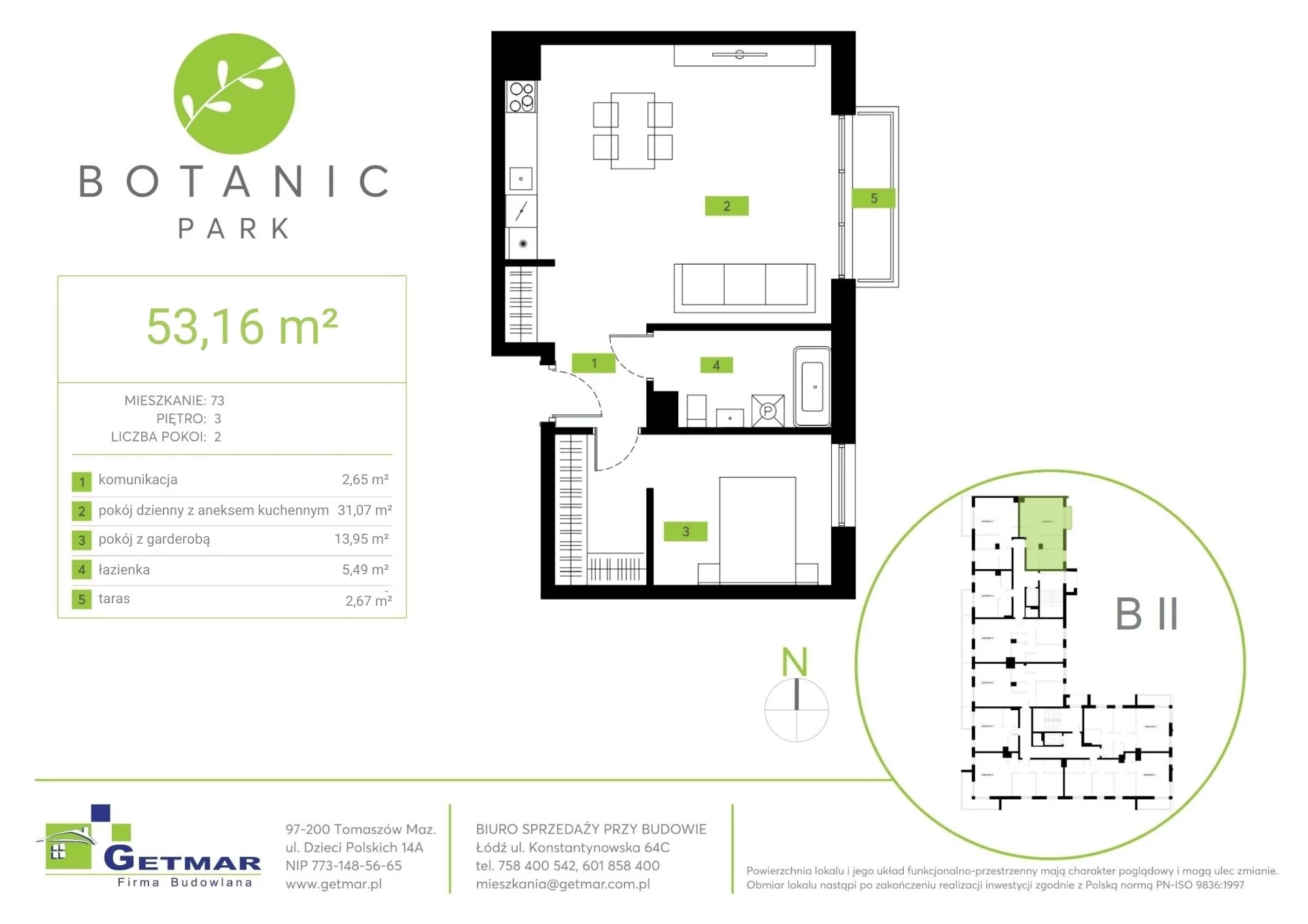 Mieszkanie 53,16 m², piętro 3, oferta nr 73, Botanic Park, Łódź, Polesie, Złotno, ul. Konstantynowska 64c