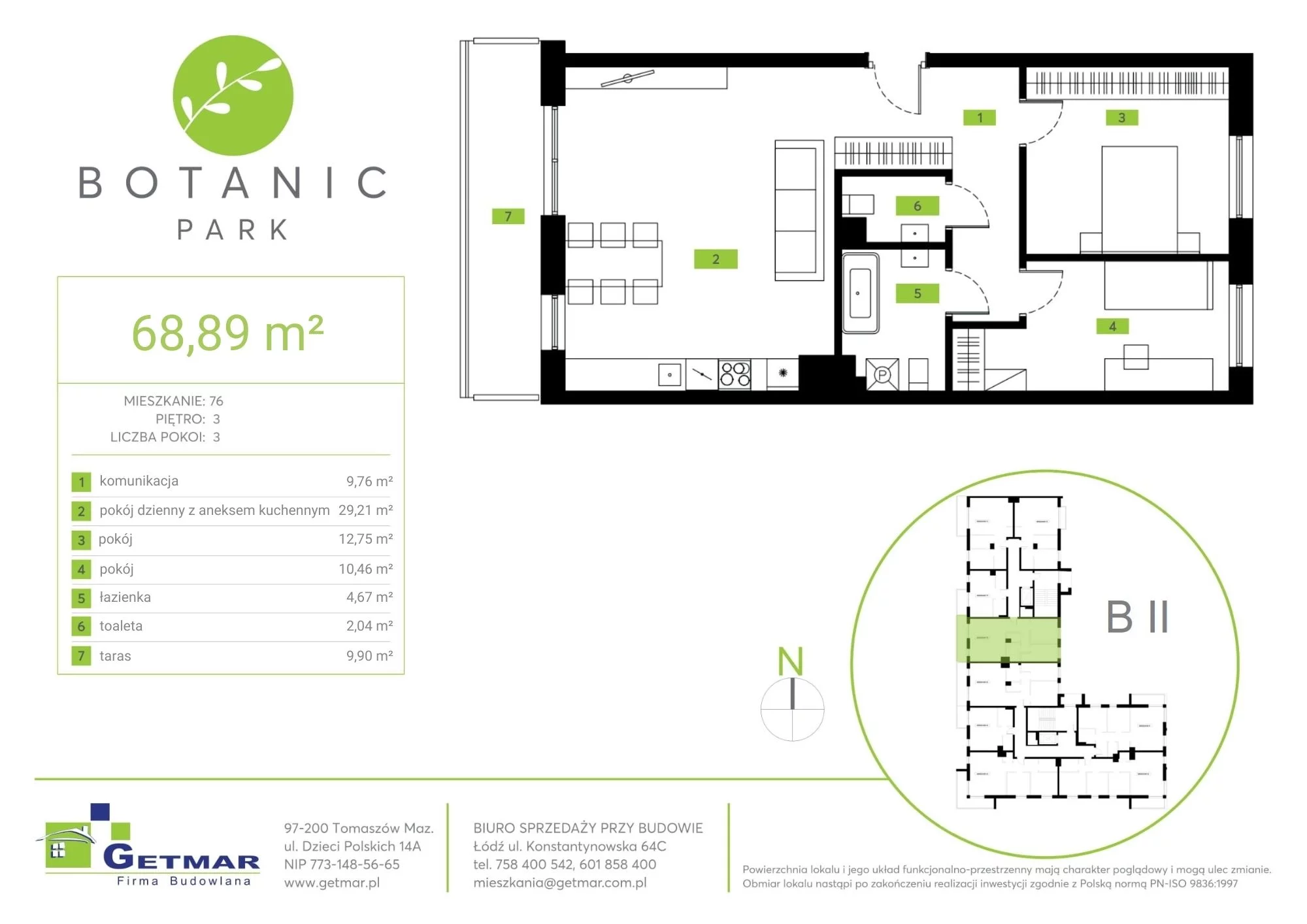 Mieszkanie 68,89 m², piętro 3, oferta nr 76, Botanic Park, Łódź, Polesie, Złotno, ul. Konstantynowska 64c-idx