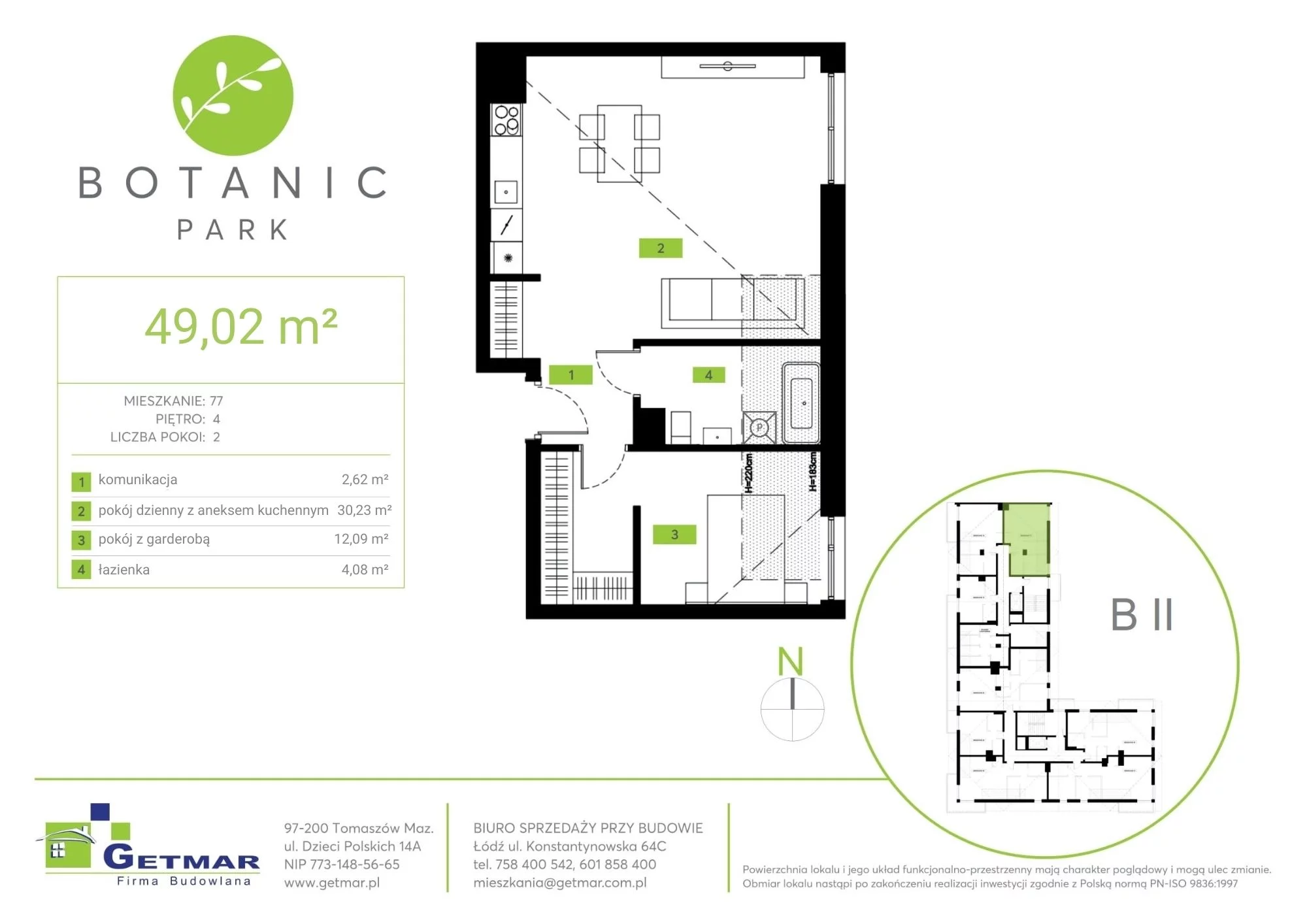 Mieszkanie 49,02 m², piętro 4, oferta nr 77, Botanic Park, Łódź, Polesie, Złotno, ul. Konstantynowska 64c