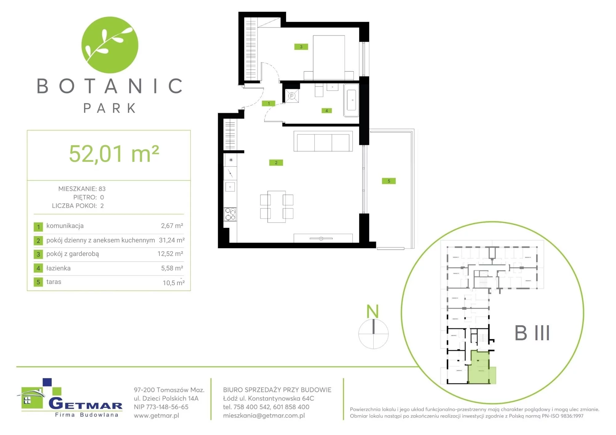 Mieszkanie 52,01 m², parter, oferta nr 83, Botanic Park, Łódź, Polesie, Złotno, ul. Konstantynowska 64c-idx