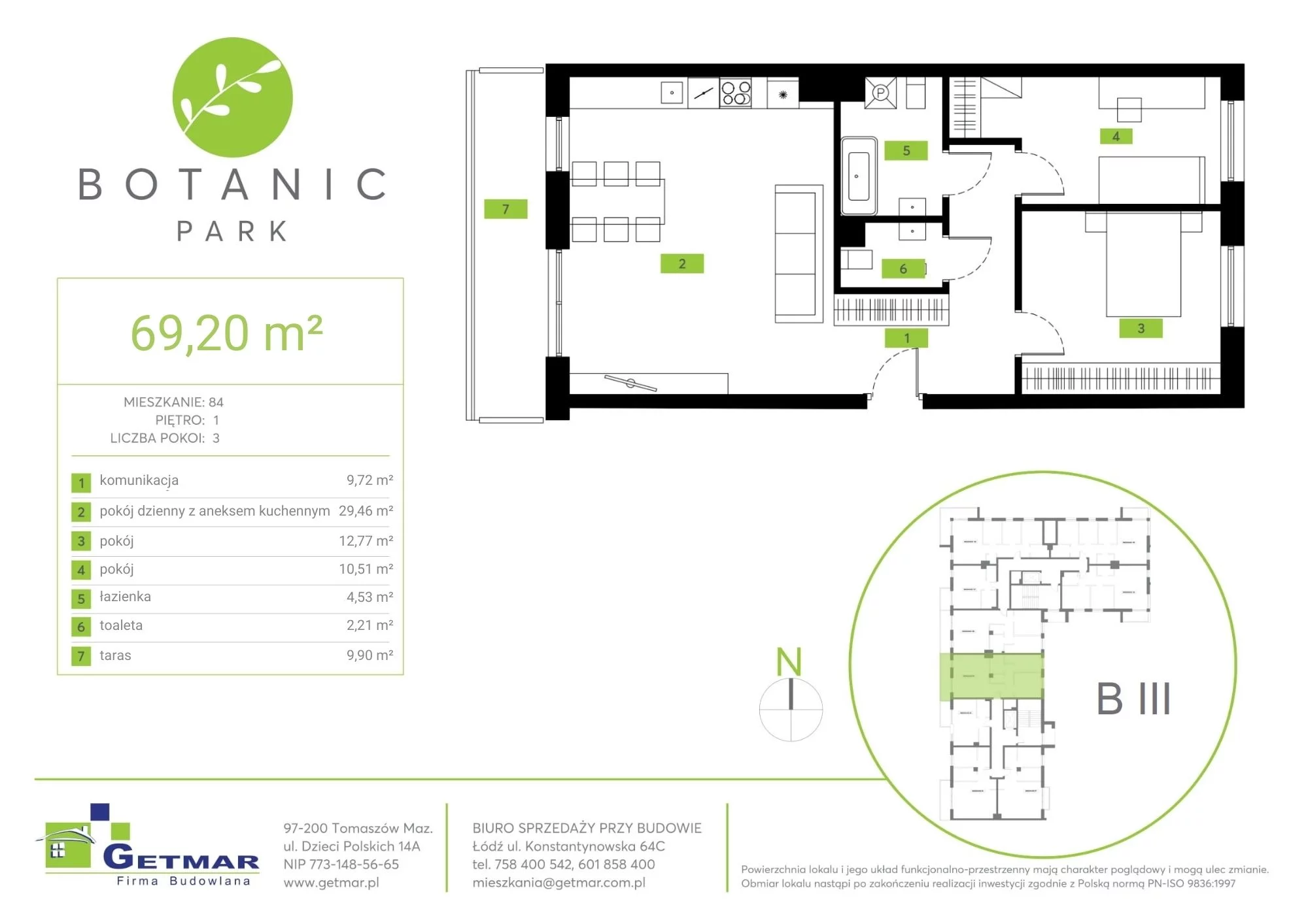 Mieszkanie 69,20 m², piętro 1, oferta nr 84, Botanic Park, Łódź, Polesie, Złotno, ul. Konstantynowska 64c