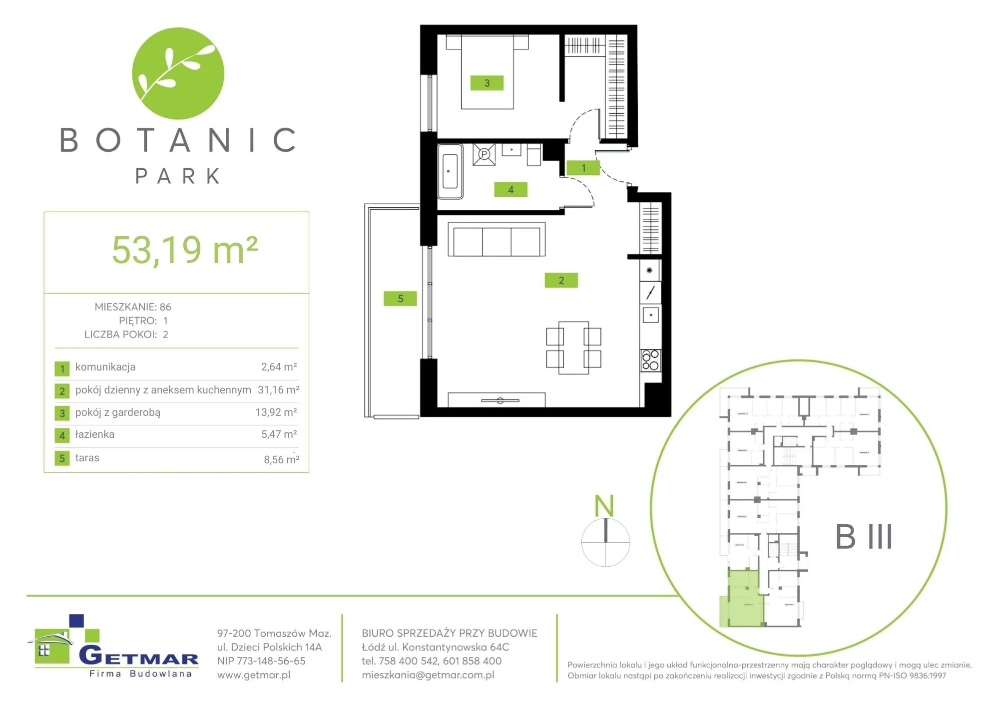 Mieszkanie 53,19 m², piętro 1, oferta nr 86, Botanic Park, Łódź, Polesie, Złotno, ul. Konstantynowska 64c