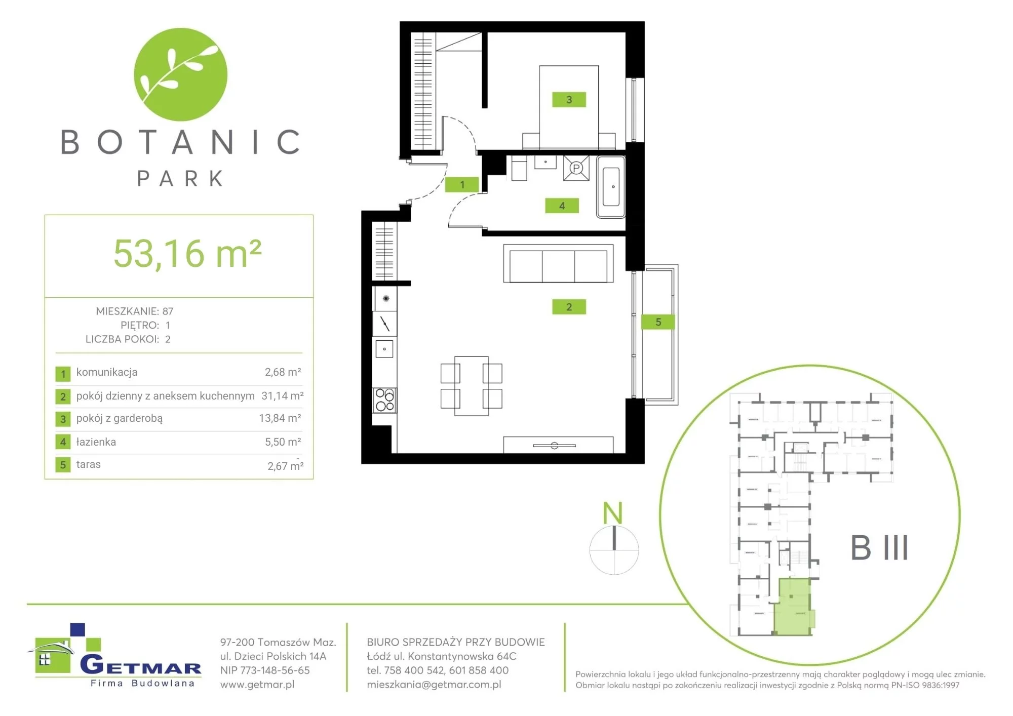 Mieszkanie 53,16 m², piętro 1, oferta nr 87, Botanic Park, Łódź, Polesie, Złotno, ul. Konstantynowska 64c