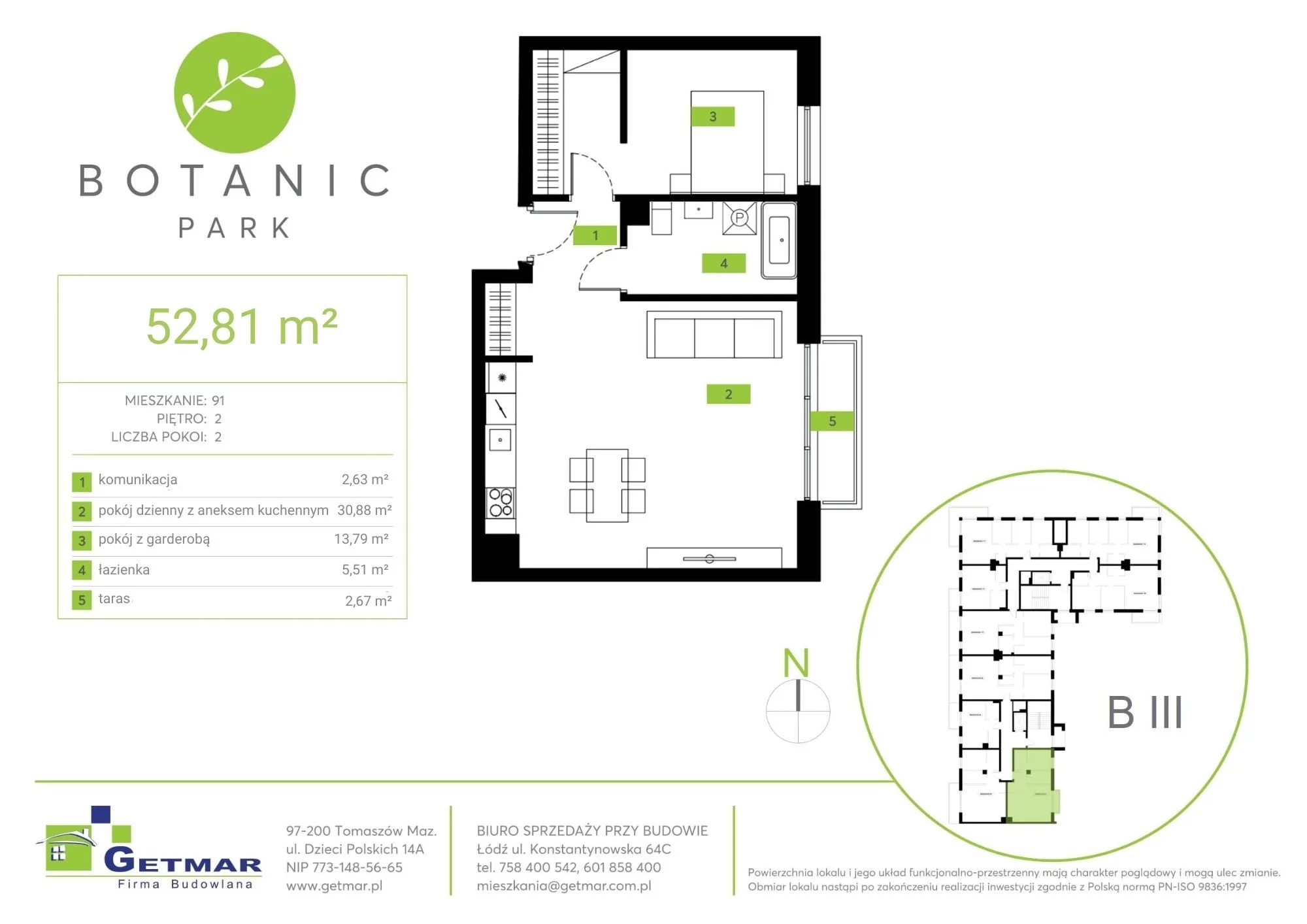 Mieszkanie 52,81 m², piętro 2, oferta nr 91, Botanic Park, Łódź, Polesie, Złotno, ul. Konstantynowska 64c