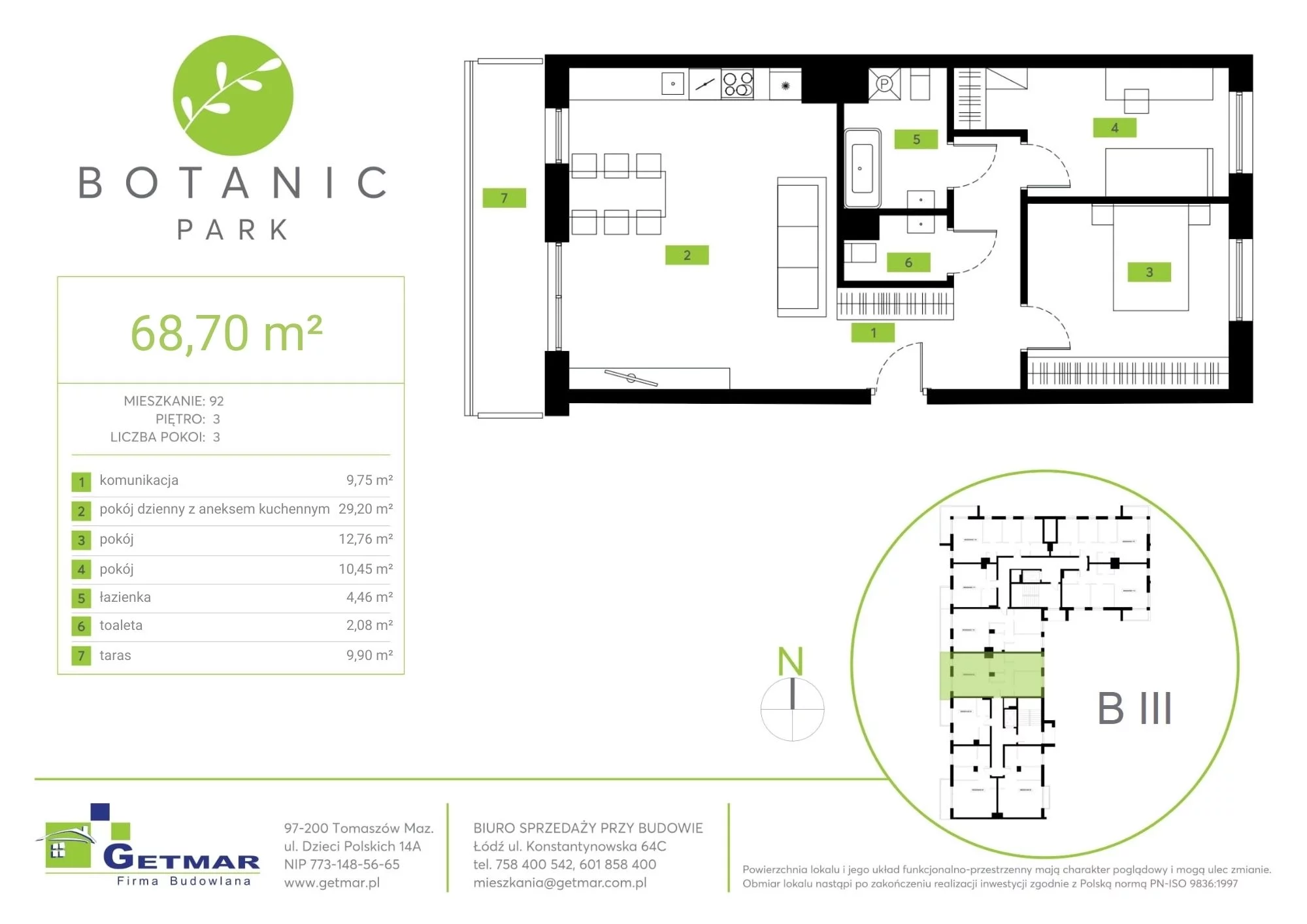 Mieszkanie 68,70 m², piętro 3, oferta nr 92, Botanic Park, Łódź, Polesie, Złotno, ul. Konstantynowska 64c